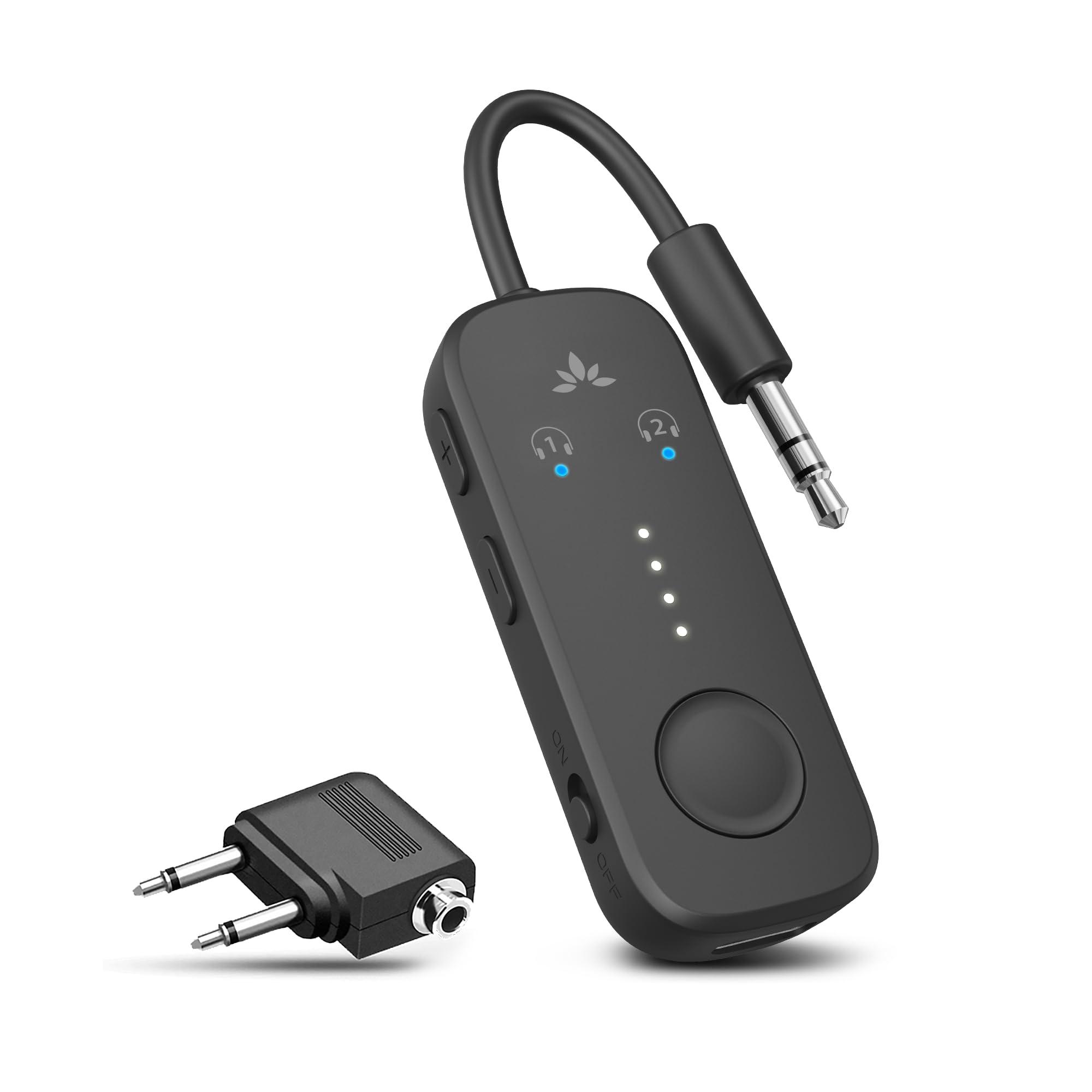 Avantree Relay - Airplane Bluetooth 5.3 Adapter with Qualcomm aptX Adaptive, Supports 2 AirPods or Headphones, 20Hr Playtime, 3.5mm AUX Wireless Audio Transmitter for Travel Flight, Airline, Gym