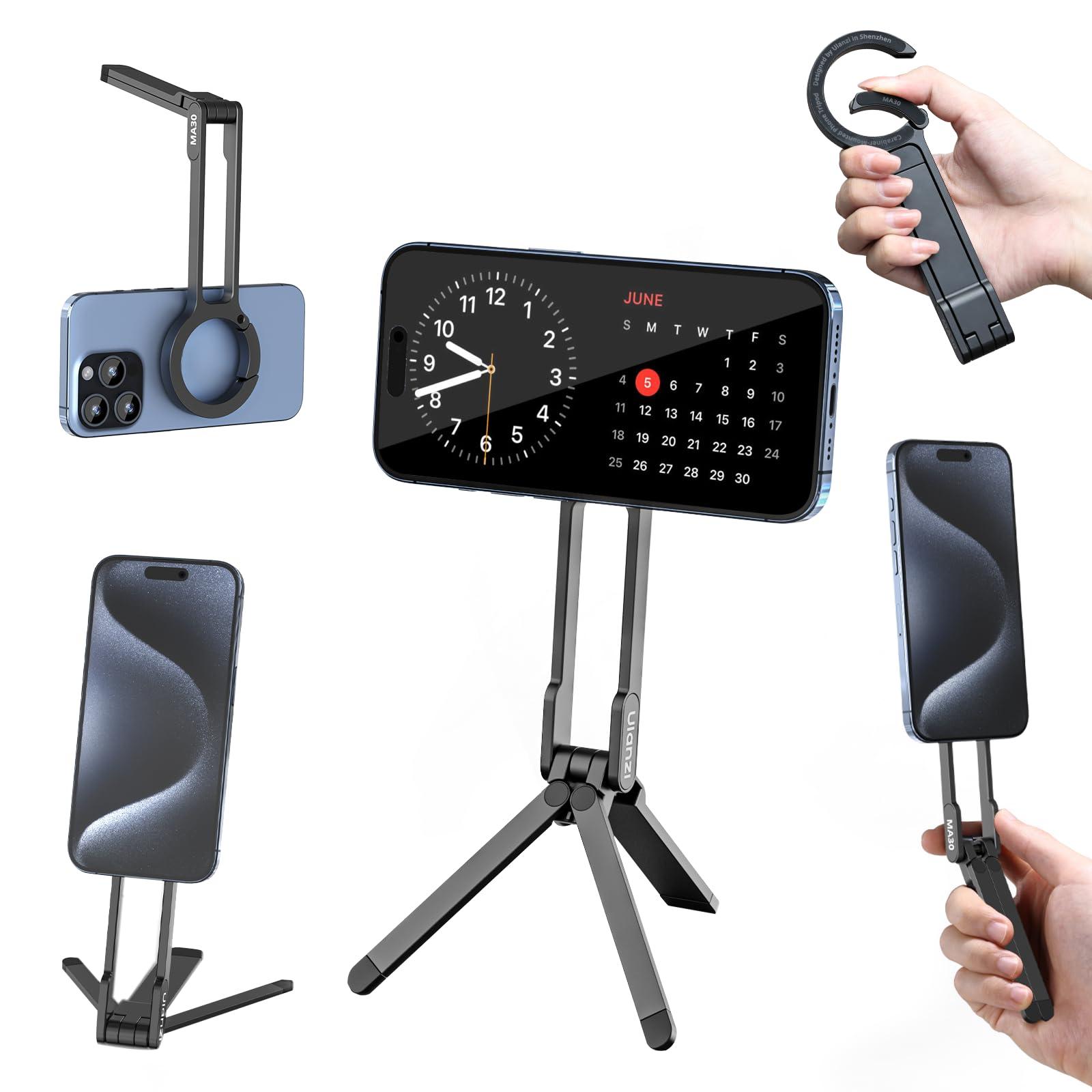 ULANZI MA30 Magnetic Phone Tripod Stand for iPhone - Aluminium Maglock Smartphone Mini Tripod Pocket Cell Phone Stand Strong Magnet Quick Mount Compatible with iPhone 16 15 14 13 12 Series, Black