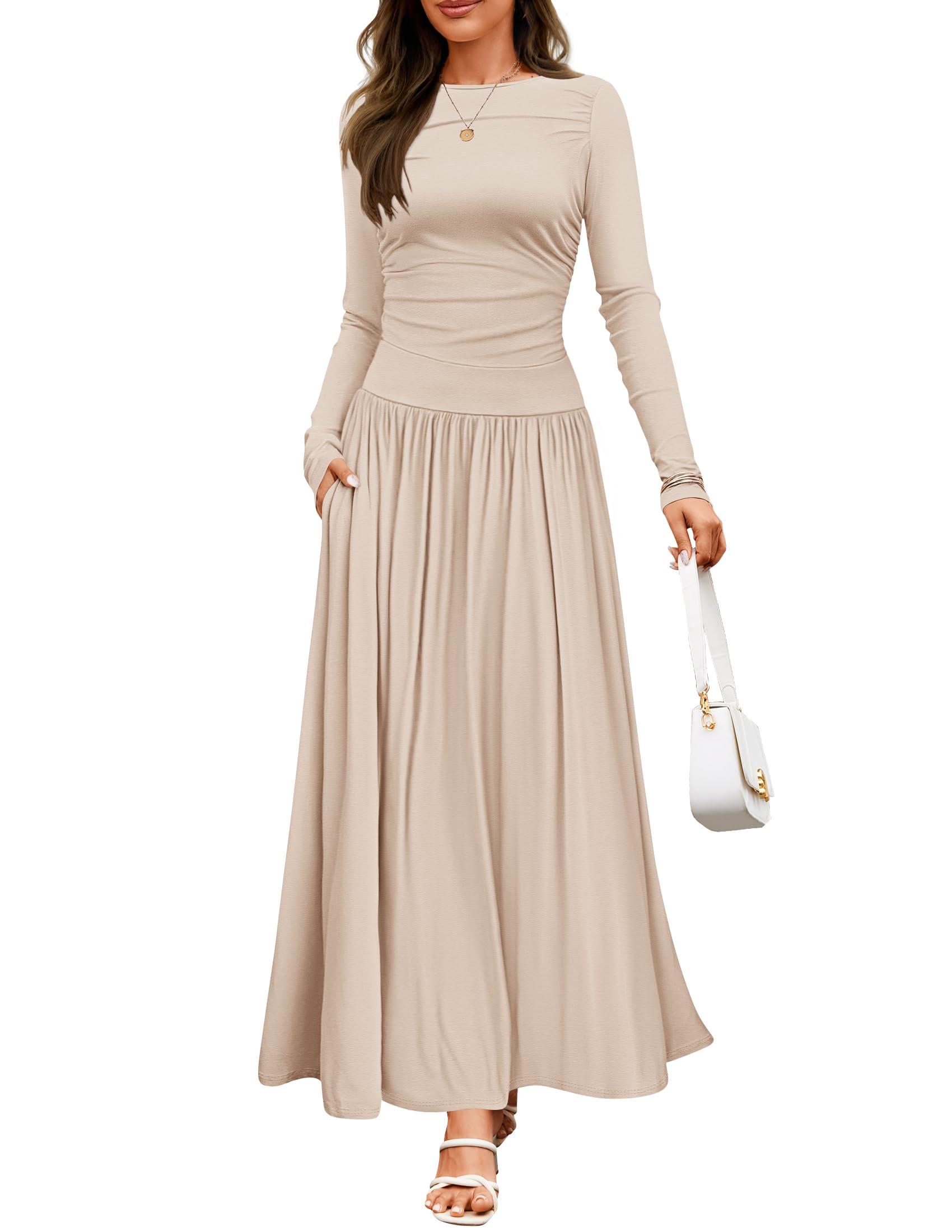 ZESICA Women's Long Sleeve Spring Maxi Dress 2025 Crewneck Knit Casual Slim Swing Pleated Dresses with Pockets