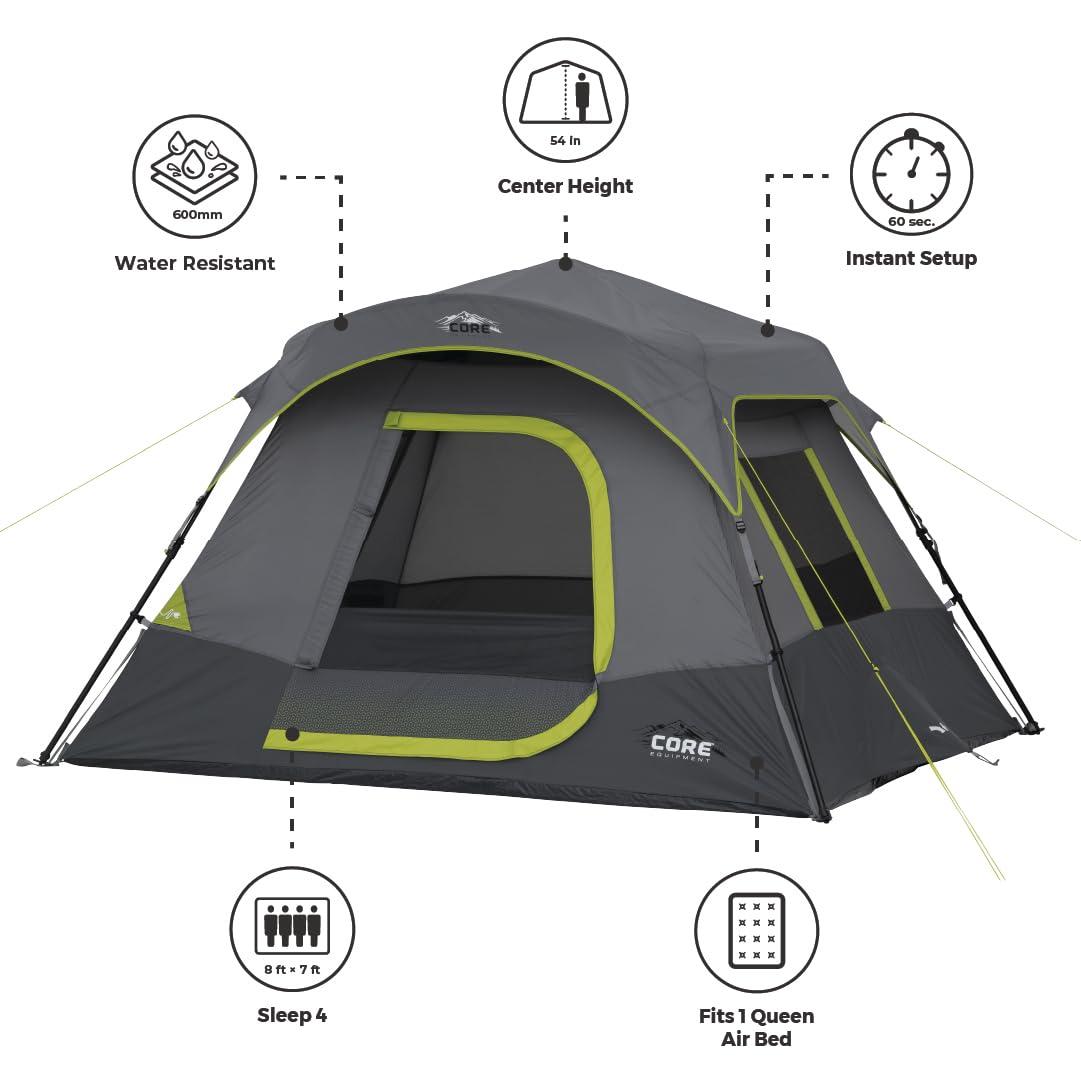 CORE 4 Person Instant Cabin Tent Camping Set | Includes 1 Pop Up Tent with 60 Second Setup, 1 Outdoor Table & 2 Camp Chairs | Perfect for Family Car Camping with Included Carry Bag - Image 2