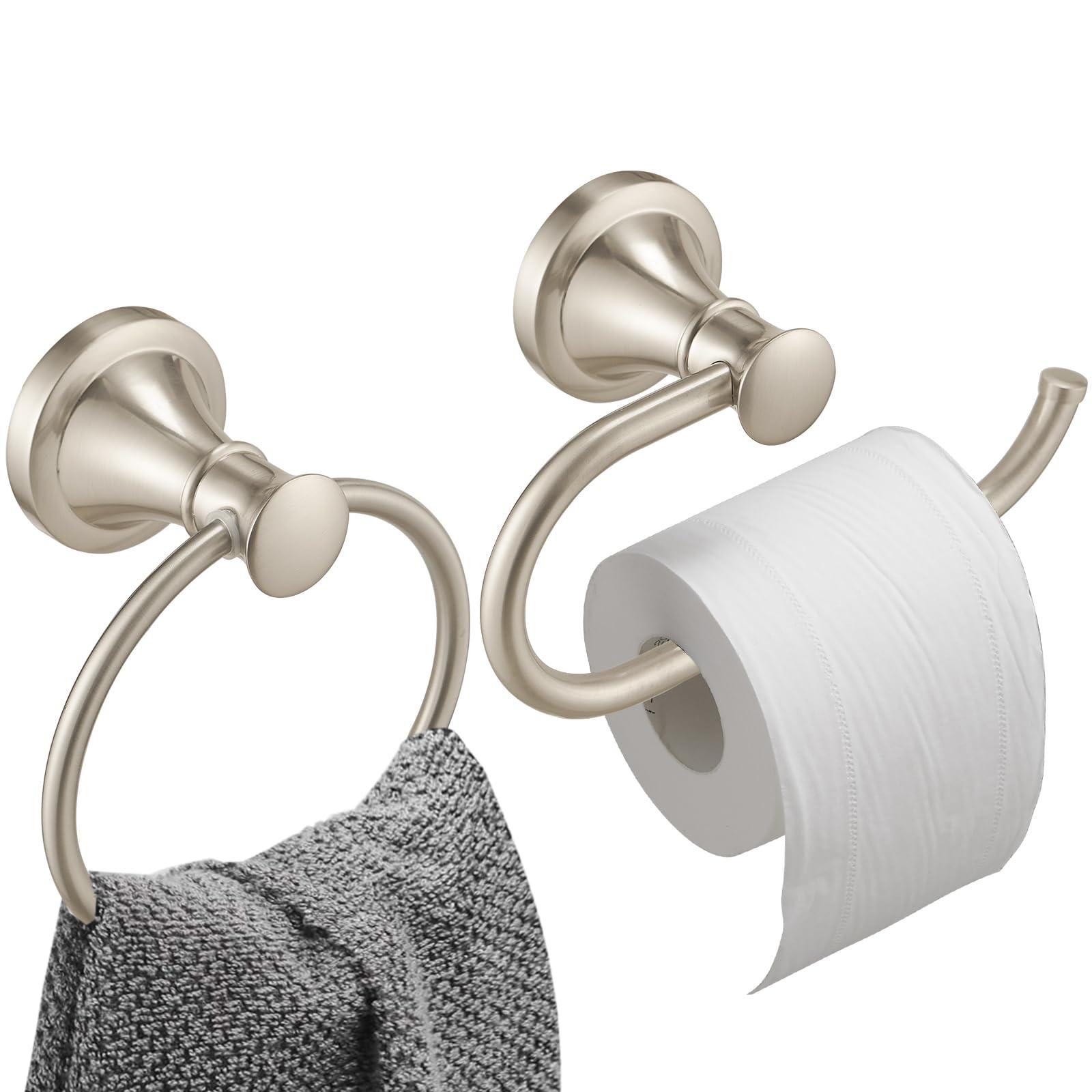 Hoimpro Brushed Nickel 2-Piece Bathroom Bath Set, Wall Mounted Bathroom Hardware Fixture (Towel Ring Holder, Toilet Paper Towel Holder), Bathroom Accessories, Stainless Steel and Zinc Alloy