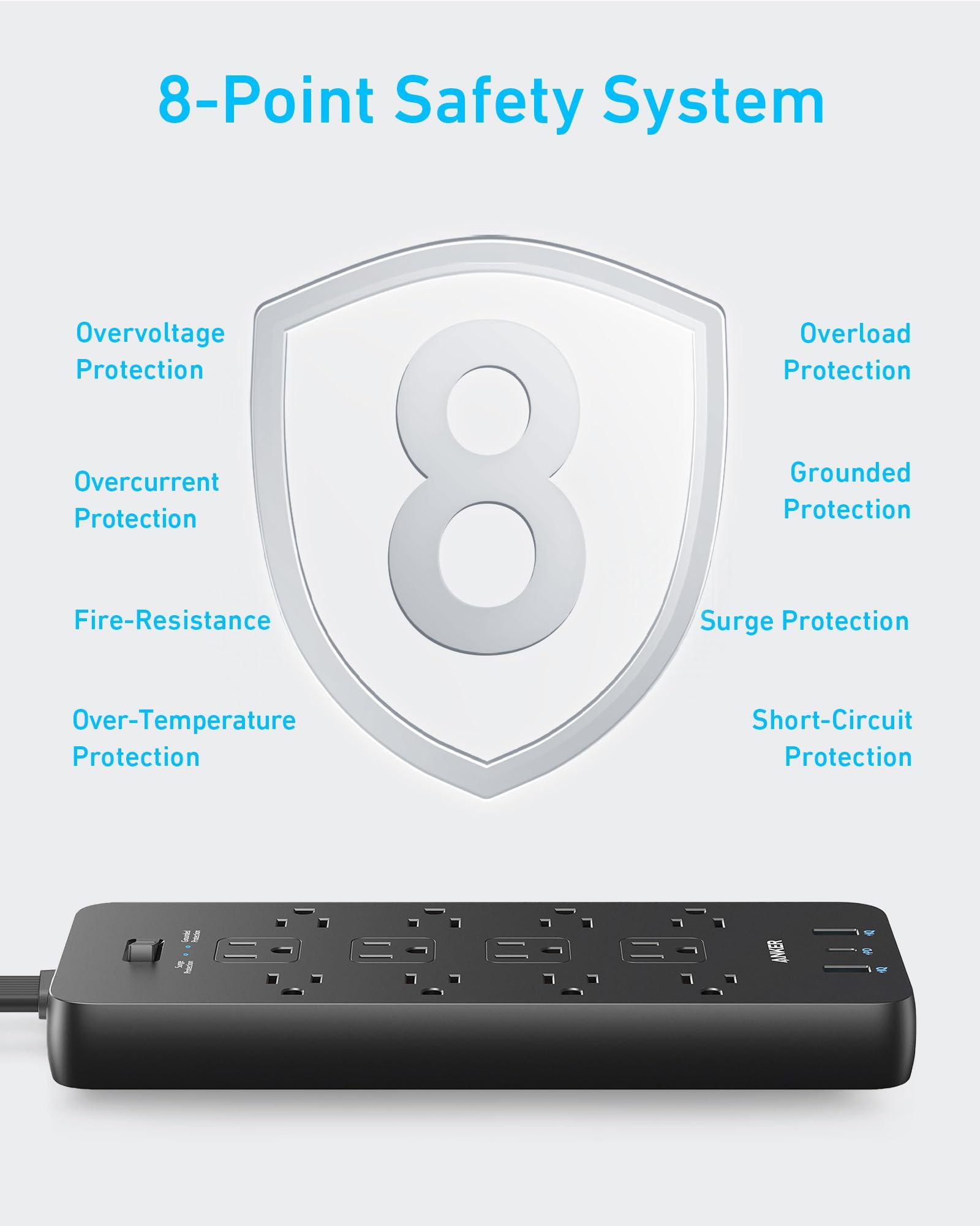 Anker Surge Protector Flat Plug Power Strip(2100J), 12 AC Outlets, 5feet Flat Extension Cord, 1USB C and 2 USB Ports for Multiple Devices, 20W Fast Charging for Home, Office, Dorm Essential, TUV - Image 5