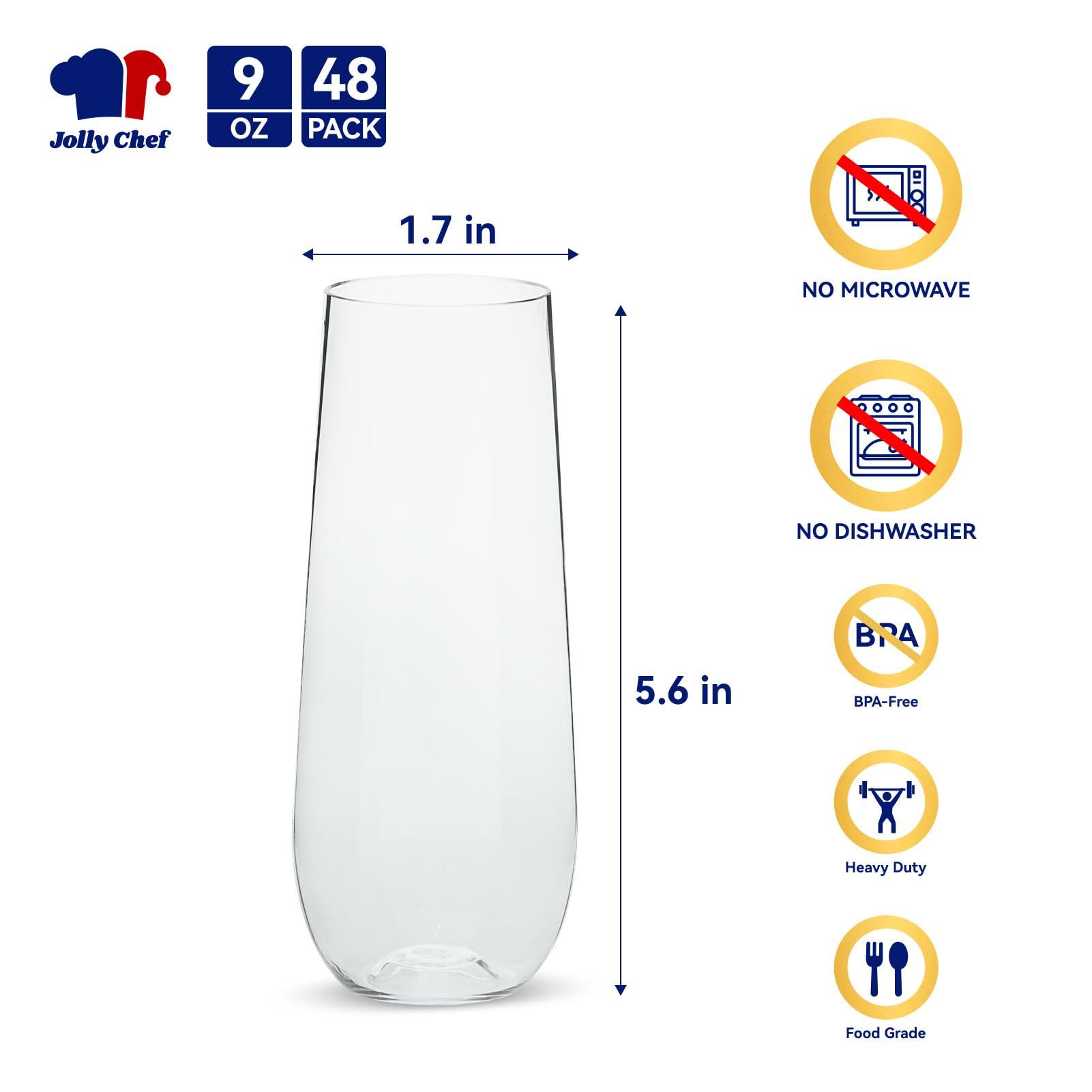 JOLLY CHEF 48 Pack Stemless Plastic Champagne Flutes 9 oz, Crystal Clear Stemless Plastic Toasting Glasses, Clear Disposable Unbreakable Drinkware Ideal for Wedding, Birthday, Party - Image 3