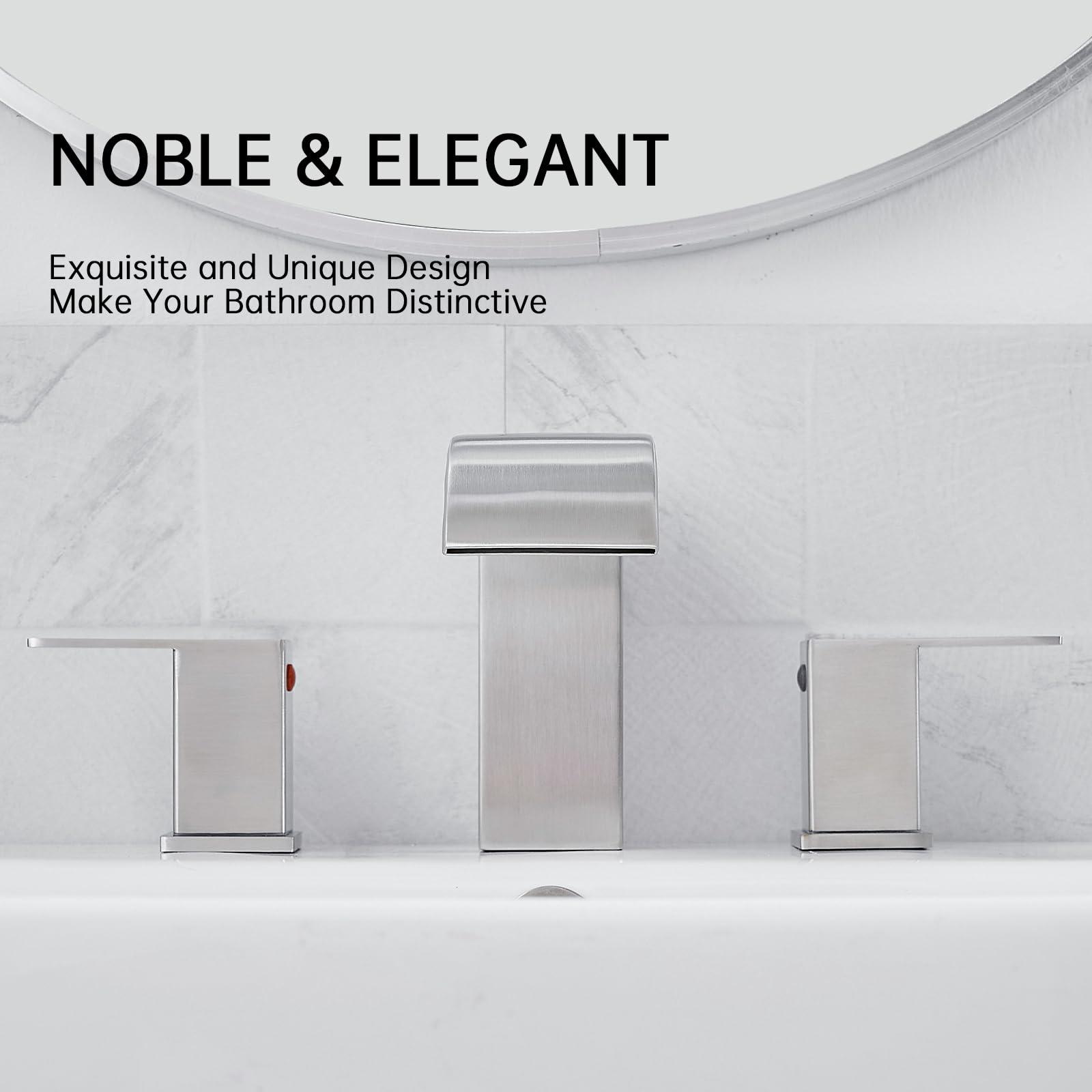 RUMOSE 8 inch Bathroom Faucets Set Brushed Nickel Bathroom Sink Faucet 3 Hole with Pop Up Drain Widespread 2 Handles Stainless Steel Lavatory Vanity Faucet Waterfall Spout Deck Mounted - Image 5