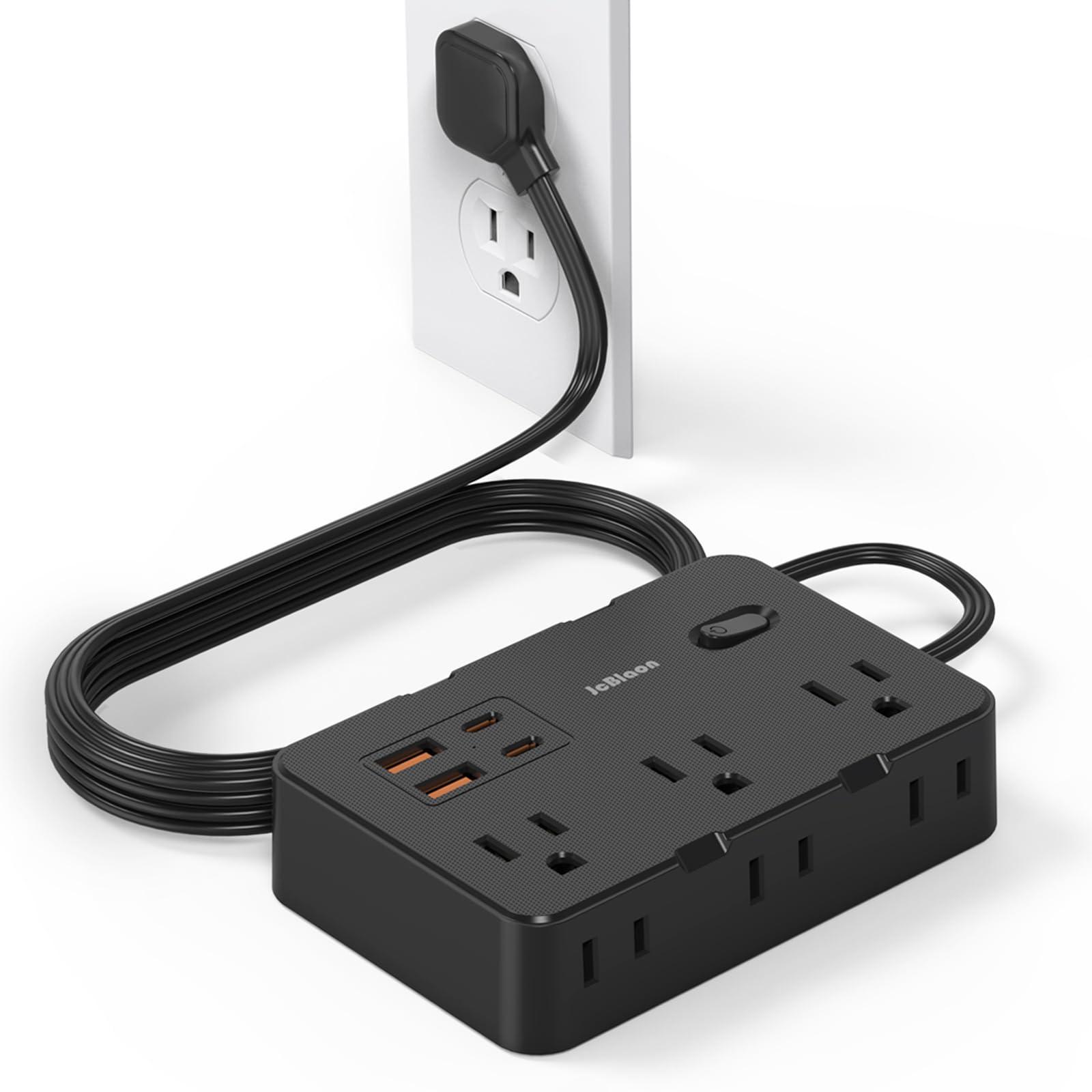Flat Plug Power Strip Surge Protector, 5ft Ultra Thin Extension Cord with 4 USB Wall Charger(2 USB C Port), 6 Widely-Spaced Outlets Power Strip Compact for Travel, Office, Dorm Room Essentials (Black)