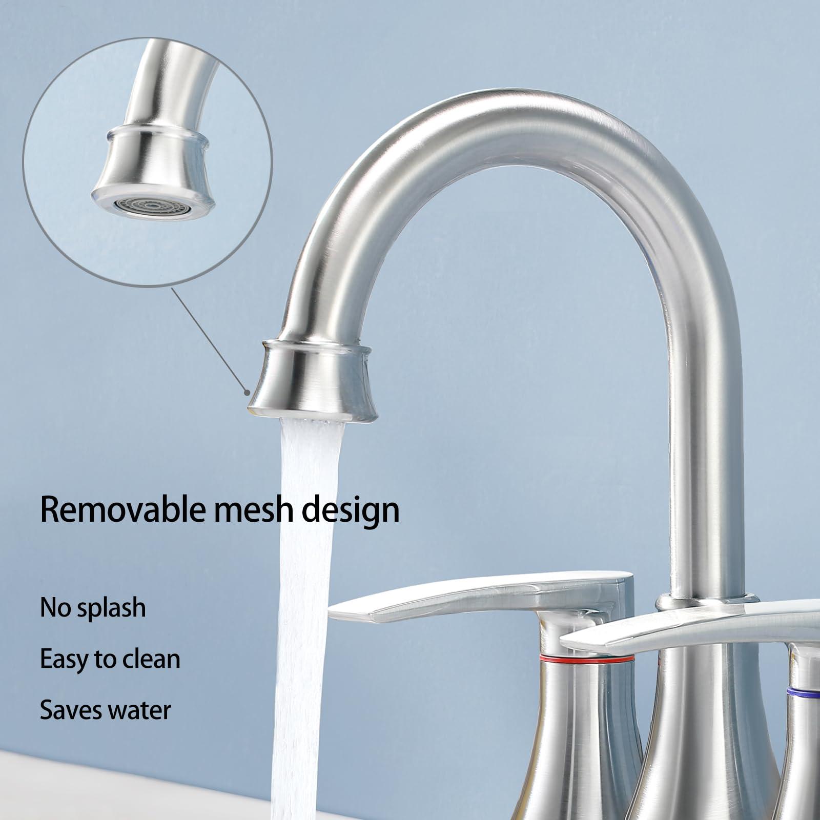 VALISY Brushed Nickel Bathroom Faucet, 2-Handle Lead-Free 360° Swivel High-Arc Spout 4 Inch Centerset Bath Lavatory Vanity Sink Faucets Set for Sinks with Drain & Water Hoses, VABM80008L - Image 8