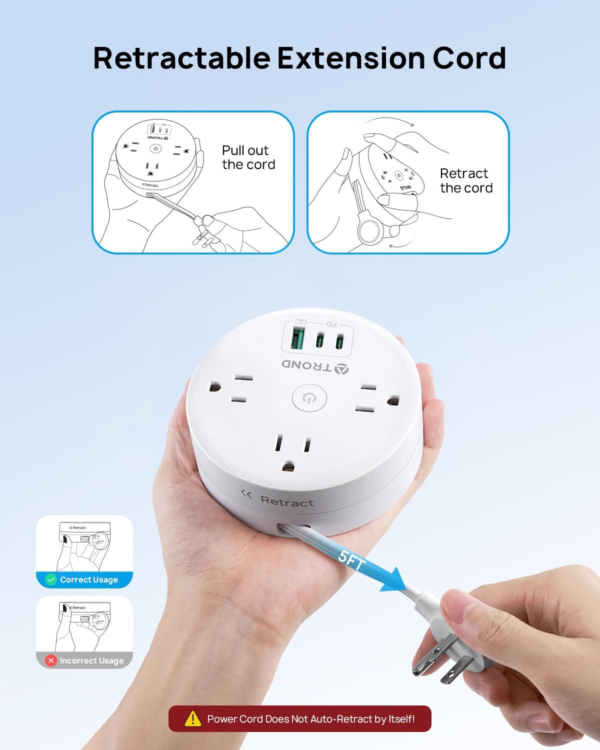 TROND 20W USB C Travel Power Strip - Retractable Extension Cord 5ft Ultra Thin Flat Plug, Power Strip with 3 AC Outlets and USB C Fast Charging, Cruise Ship Essentials, for Home Hotel Dorm Room, White - Image 3