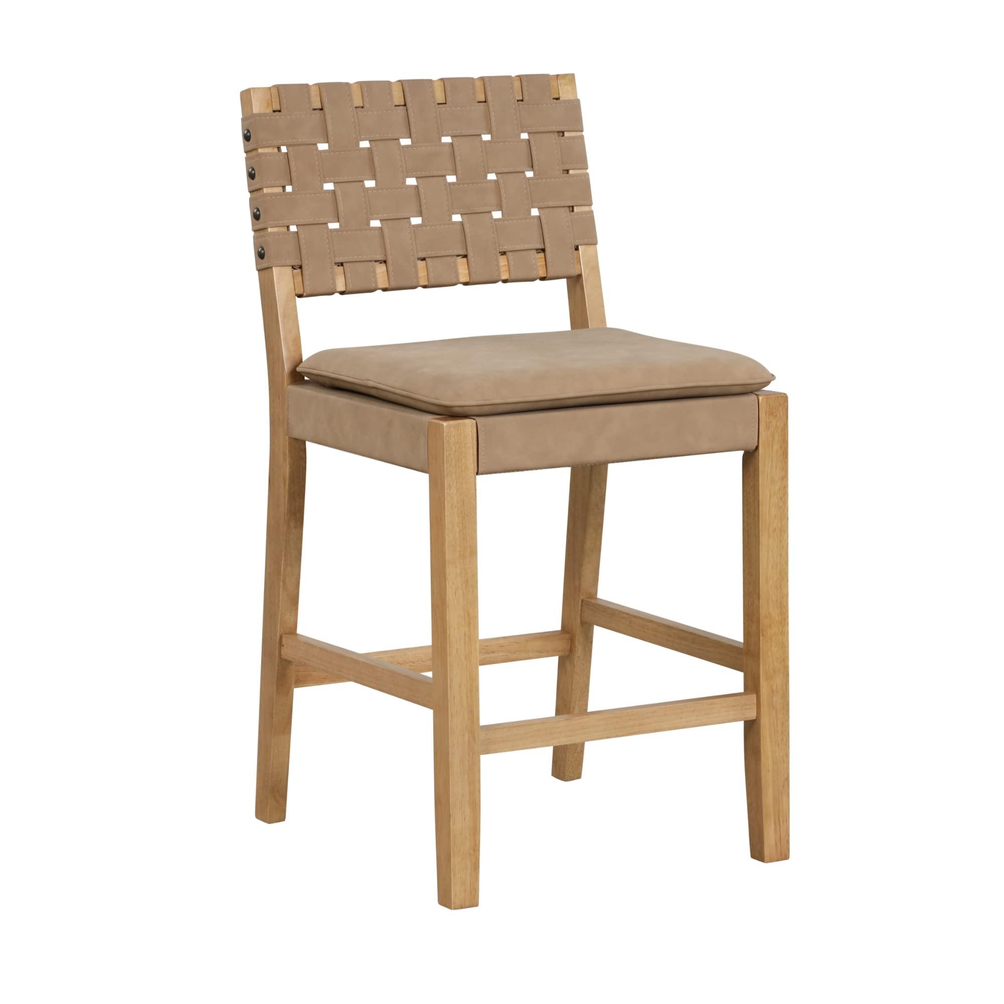 Nathan James Cohen Mid-Century Modern Leather Bar Stool, Counter Height Chair in Solid Wood Frame with Footrest and Woven Leather Back for Kitchen, Natural Brown, 1 count, Barstool - 24" - Image 7