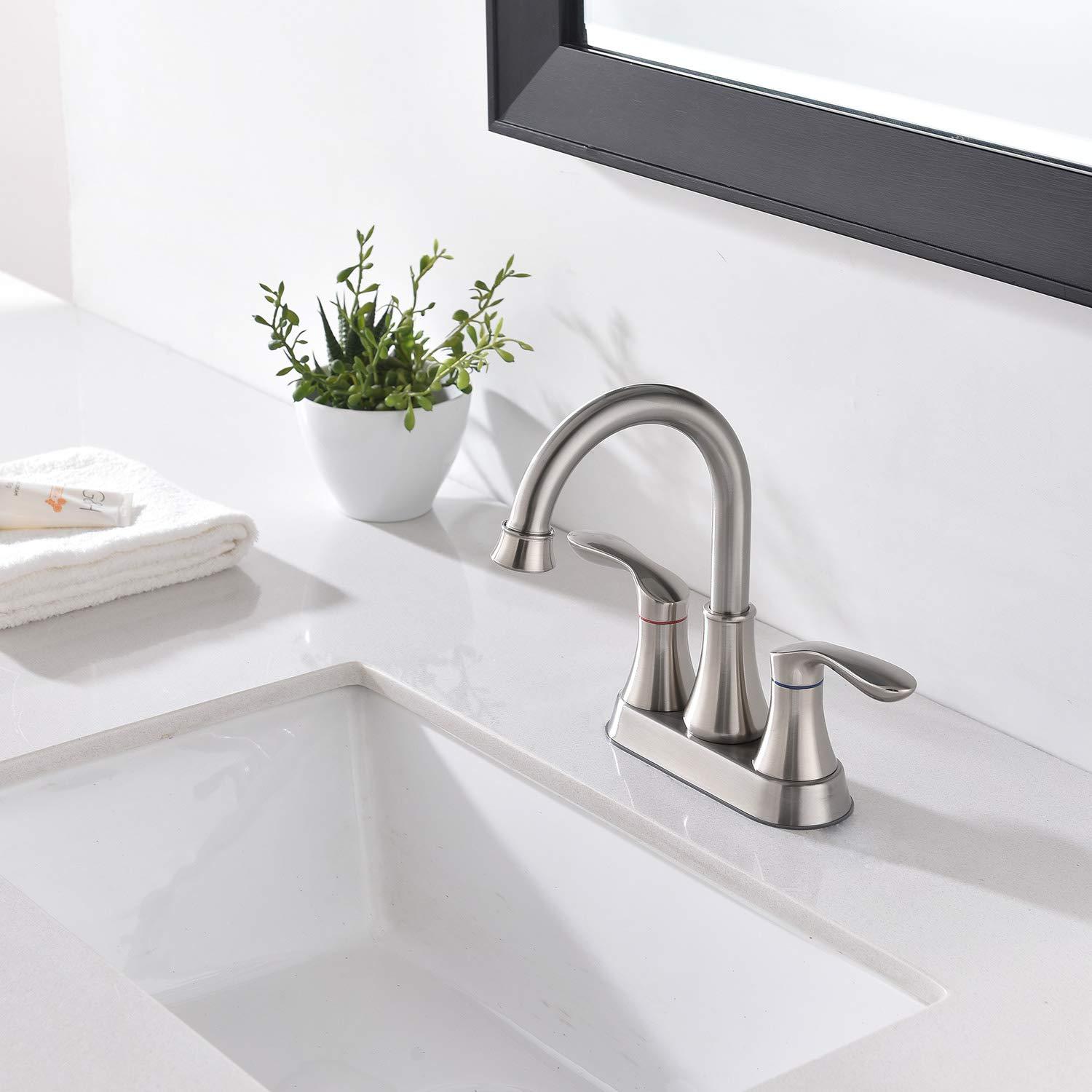 Friho Brushed Nickel Bathroom Faucet, Centerset Lead-Free Modern Commercial 2-Handle RV Bathroom Sink Faucet, 3 Hole 4 inch Bath Faucet with Drain Stopper and Water Hosess - Image 8