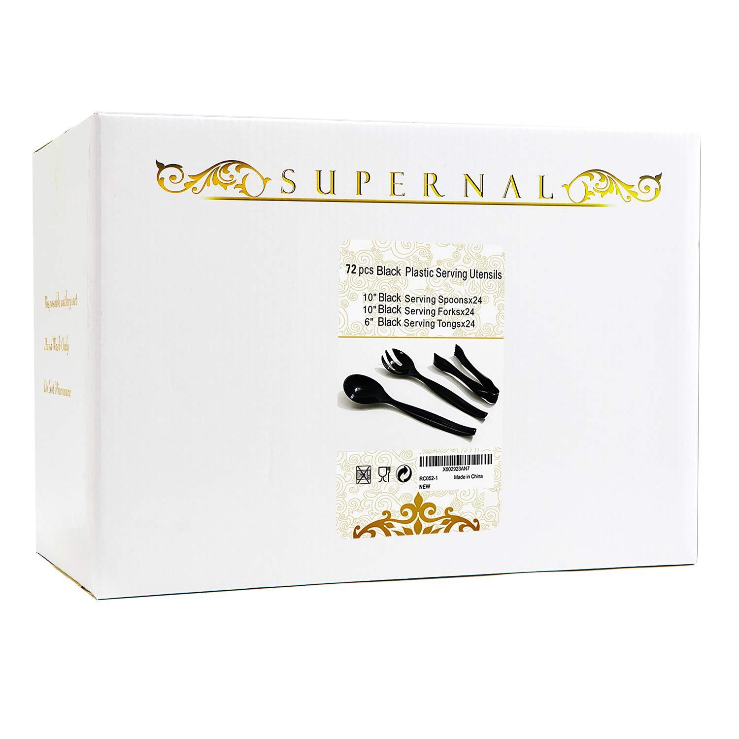 Supernal 72pcs Plastic Serving Utensils Heavy Duty Disposable Serving Tongs Black Disposable Serving Set 10" Spoons 10" Forks 6" Tongs Each 24pcs - Image 7