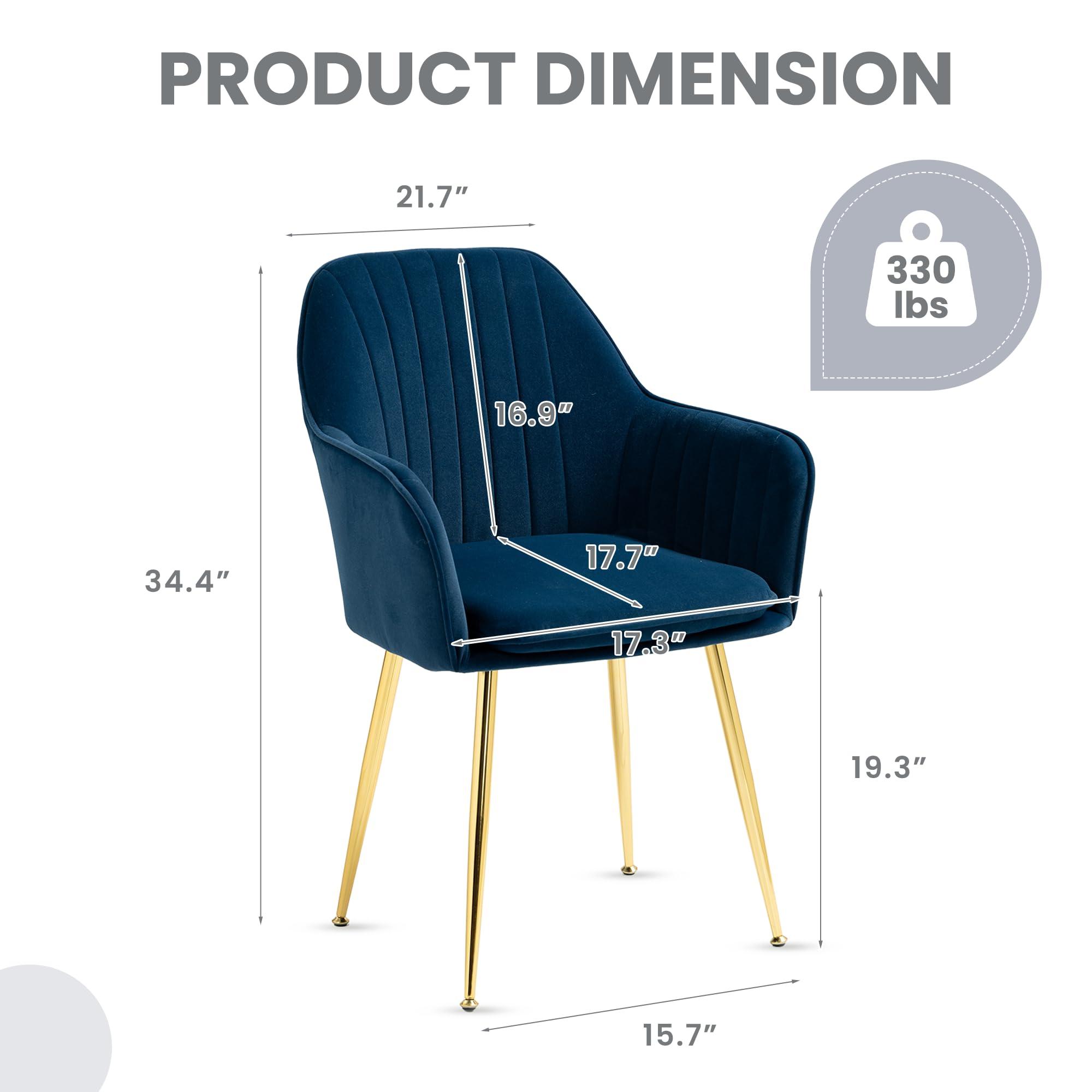 ECOTOUGE Matte Velvet Dining Chairs Set of 4, Modern Arm Chair with Golden Metal Legs, Living Room Accent Chairs for Kitchen, Blue - Image 3