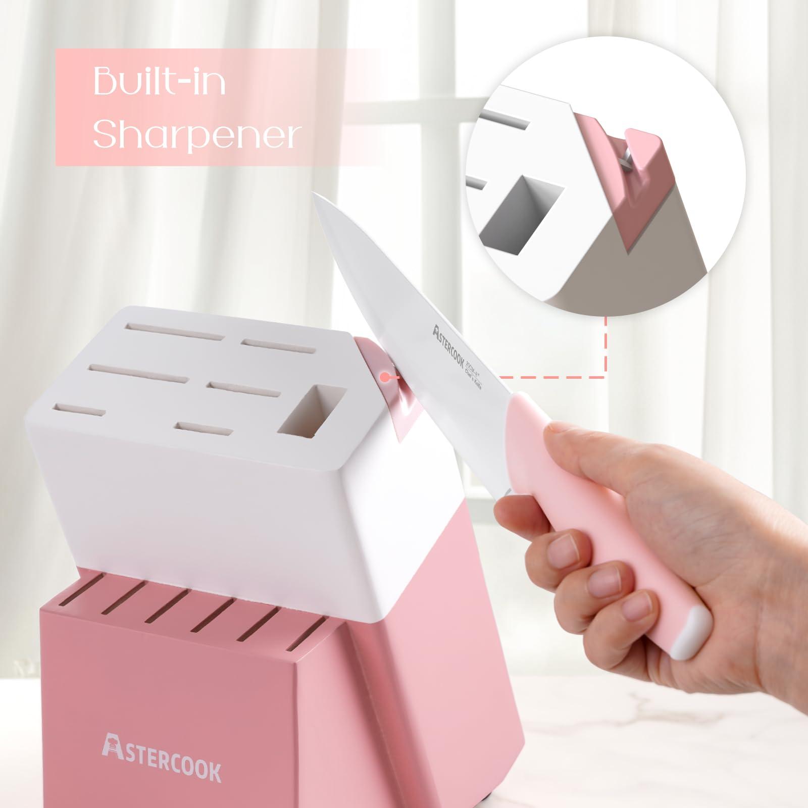 Astercook Knife Set, Kitchen Knives Set with Block and Sharpener Ceramic Coating 15 Pcs German Stainless Steel Knives Sharp Blade Dishwasher Safe Knife Block Set with Ergonomic Handle, Crystal Pink - Image 6