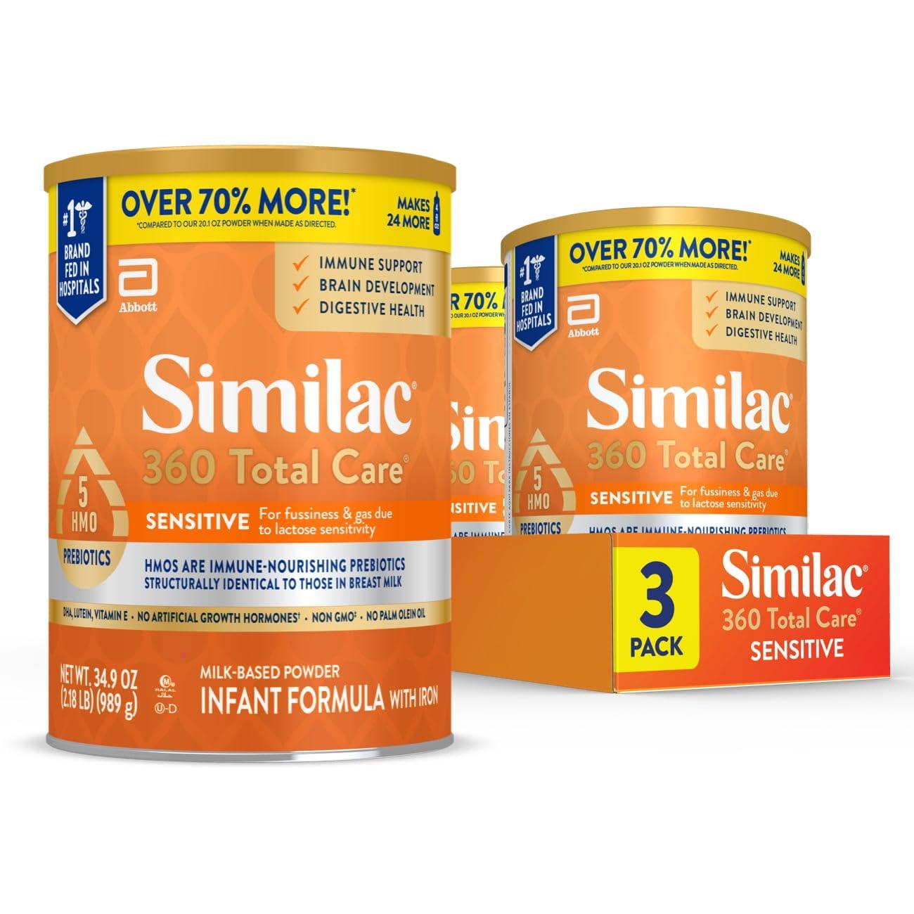 Similac 360 Total Care Sensitive Infant Formula for Fussiness & Gas Due to Lactose Sensitivity, Has 5 HMO Prebiotics, Non-GMO, Baby Formula Powder, 34.9-oz Value Can, Pack of 3