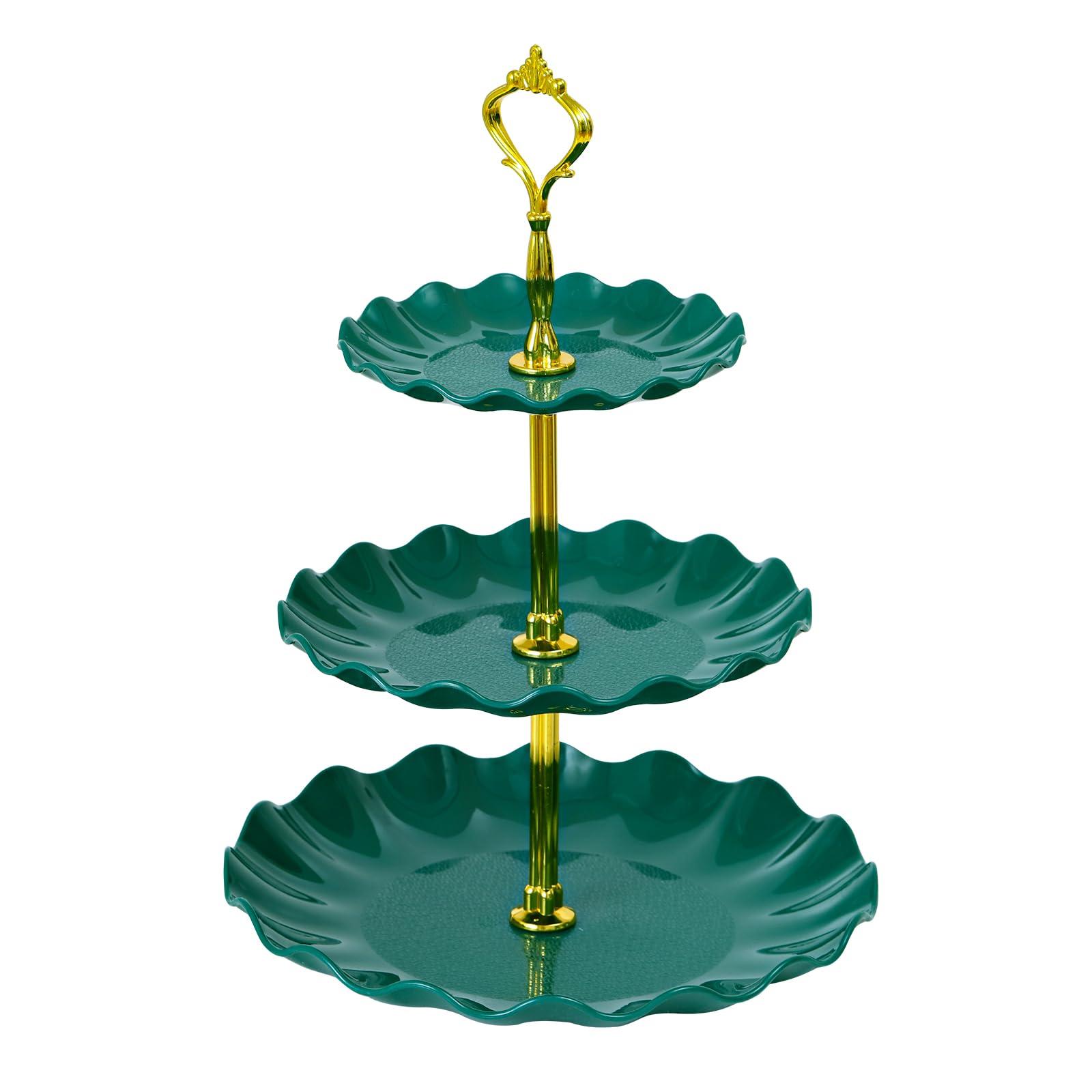 Soleebee 3-Tier Cupcake Stand, Wavy Plastic Tiered Serving Tray, Cup Cake Tower for Birthday Wedding Party Decoration, Cupcake Tier Stand Fruits Desserts Display (Green)
