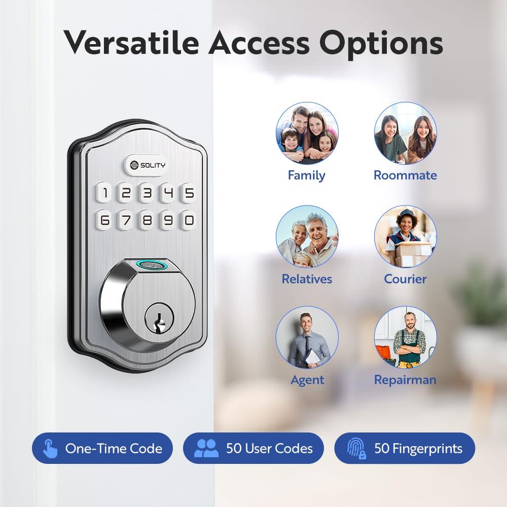 Solity Smart Digital Electronic Deadbolt Door Lock, Keyless Entry, Auto Lock, 50 Custom Codes & Fingerprints, Easy Installation, Keypad for Front & Back Door, AT10 (Satin Nickel) - Image 4