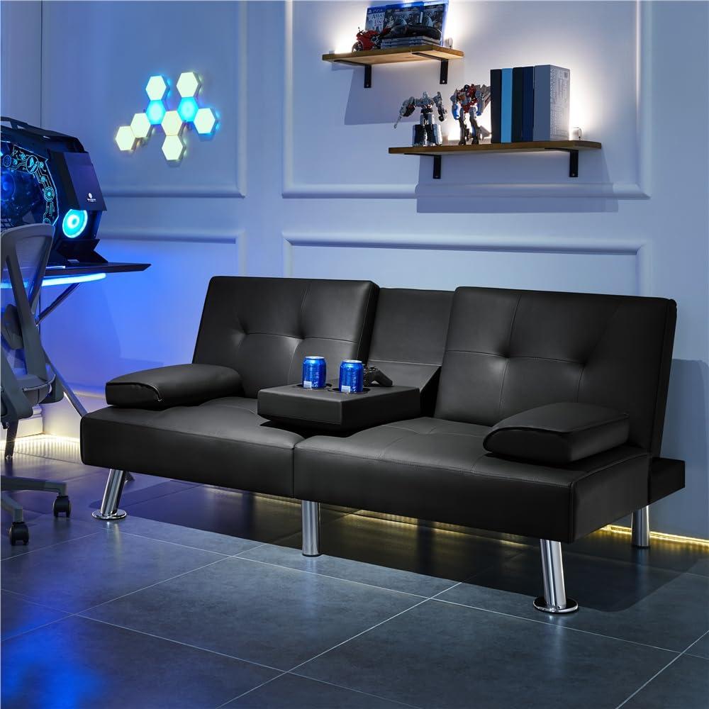 Yaheetech Convertible Sofa Bed Adjustable Couch Sleeper Modern Faux Leather Recliner Reversible Loveseat Folding Daybed Guest Bed, Removable Armrests, Cup Holders, 3 Angles, 772lb Capacity, Black - Image 7