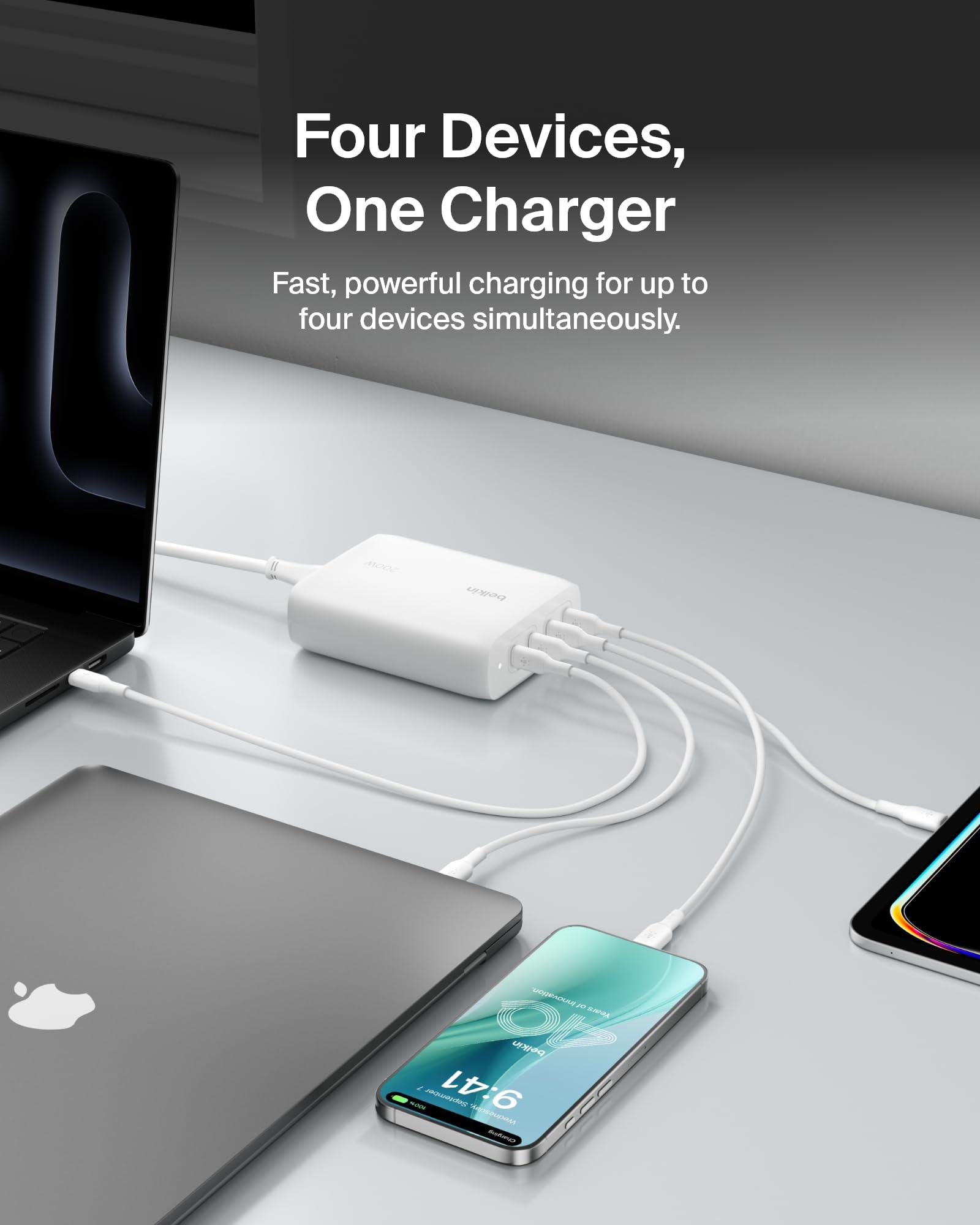 Belkin BoostCharge Pro 4-Port USB-C GaN Wall Charger, 200W Multi-Port Charger USB-C PD 3.1 Fast Charge + 5ft Power Cord - MacBook, iPhone 16, iPad, Galaxy S25, Google Pixel, Nintendo Switch 2 & More - Image 2