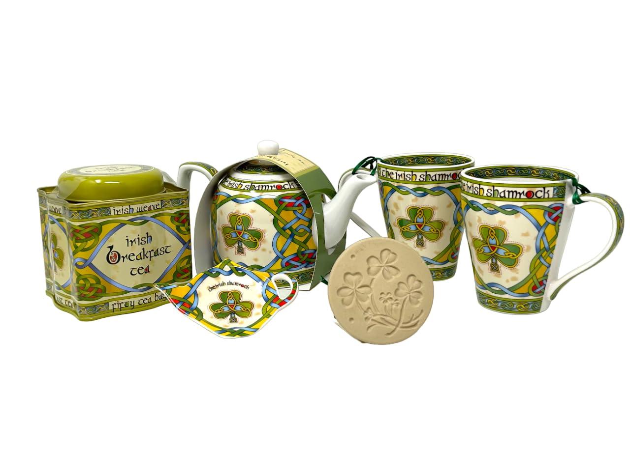 Exclusively Irish Ceramic Shamrock Cookie Stamp Pies Two Mugs Tea Bag Holder Teapot and Breakfast Tea 50 Bags Kitchen Set of 6 Teatime Backing Supplies Housewarming Gift Birthday Present - Image 1