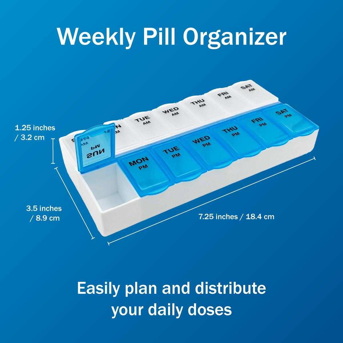 Amazon Basic Care (7-Day) AM/PM Pill Organizer, Vitamin Case, And Medicine Box, Large Compartments, 2 Times a Day, Blue and Clear Lids - Image 2