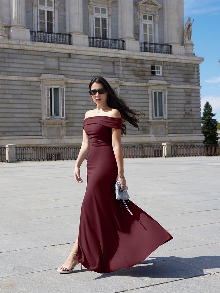 LAGSHIAN Women's Elegant Bodycon Off Shoulder Sleeveless High Split Ruched Long Formal Evening Dress - Image 6