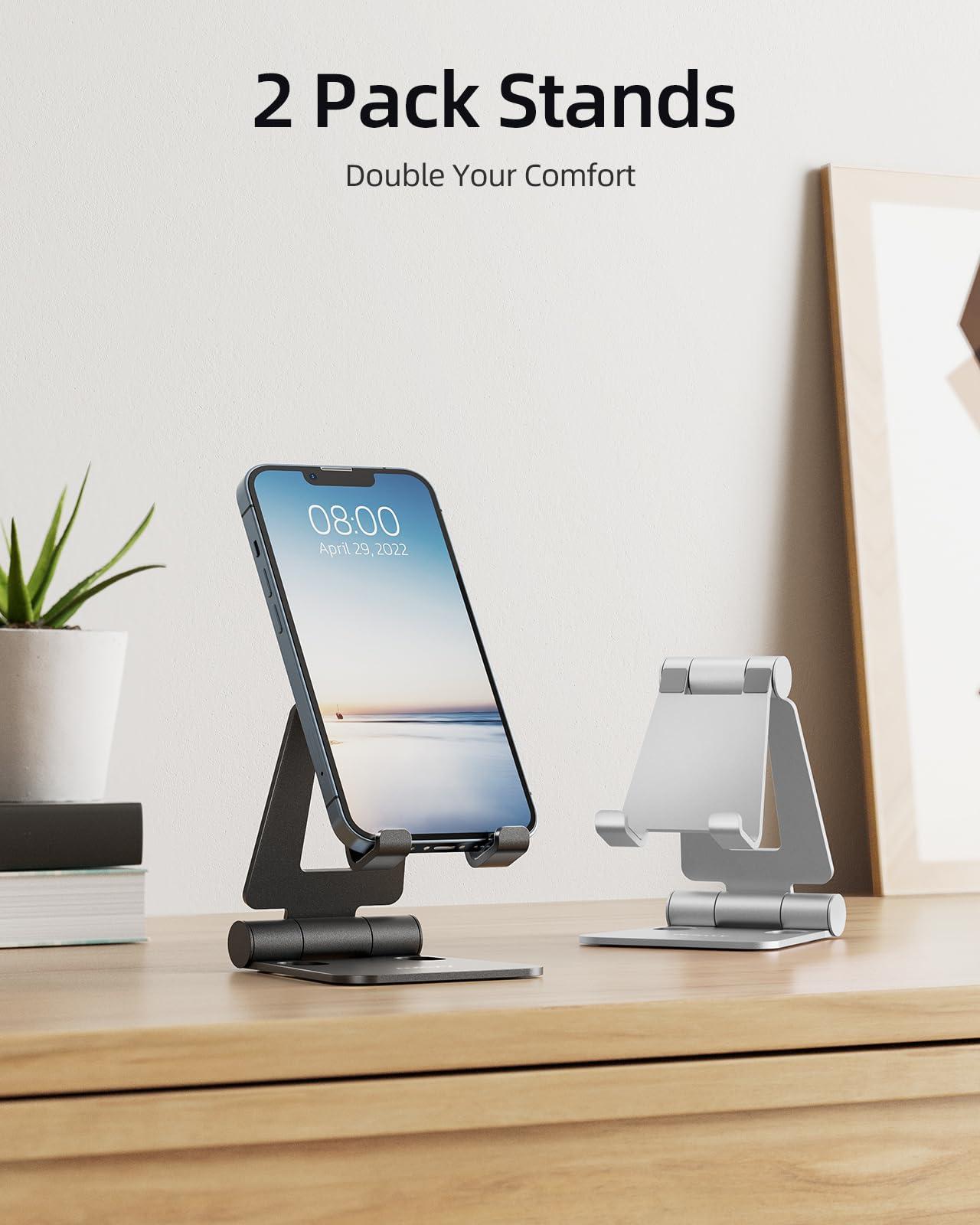 Nulaxy 2 Pack Dual Folding Cell Phone Stand, Fully Adjustable Foldable Desktop Phone Holder Cradle Dock Compatible with Phone 16 15 14 13 12 Pro Xs Xs Max Xr X 8, All Phones, Black & Silver - Image 2