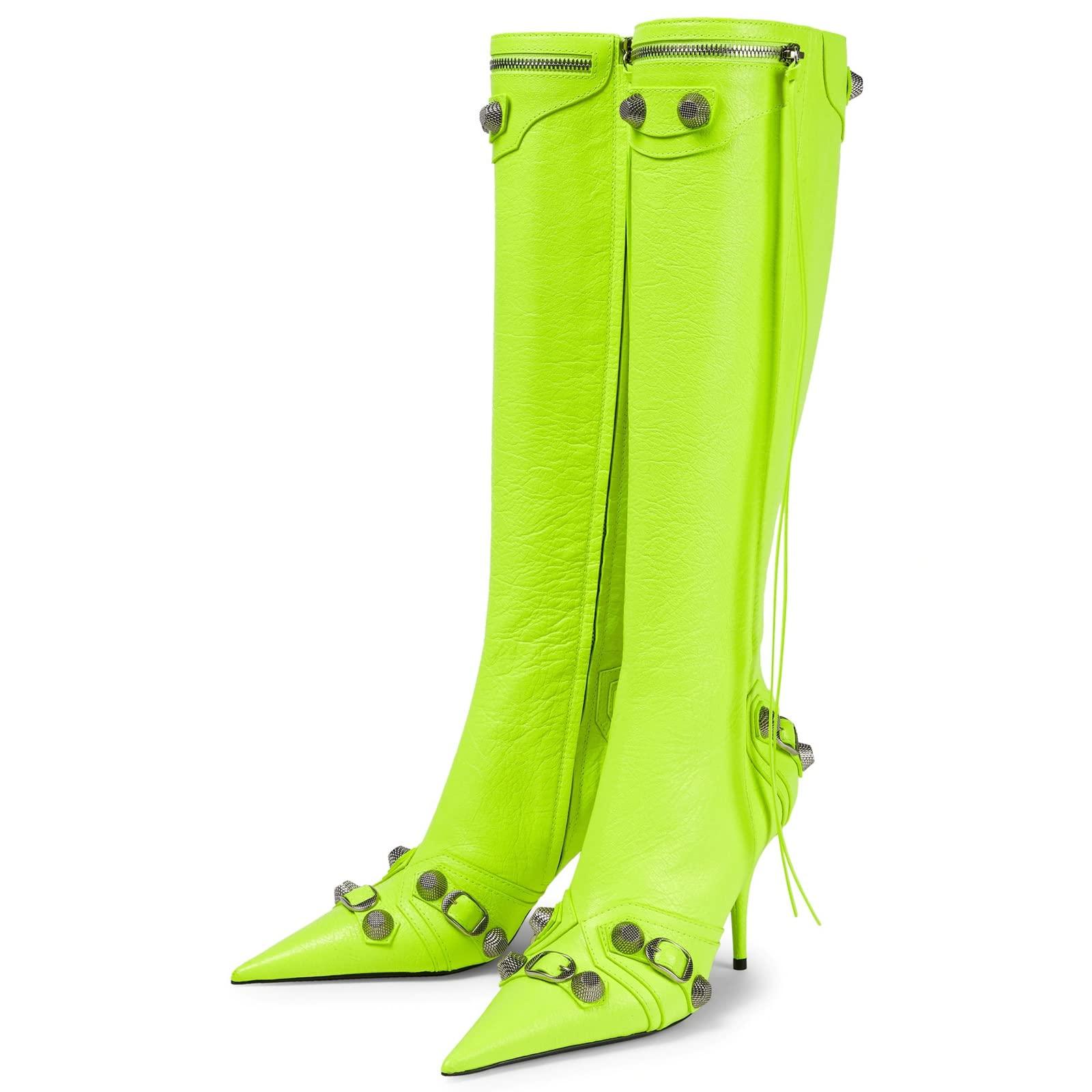 Kluolandi Women's Stiletto High Heel Knee High Boots with Tassel Pointy Toe Studded Zipper Booties Dress Shoes
