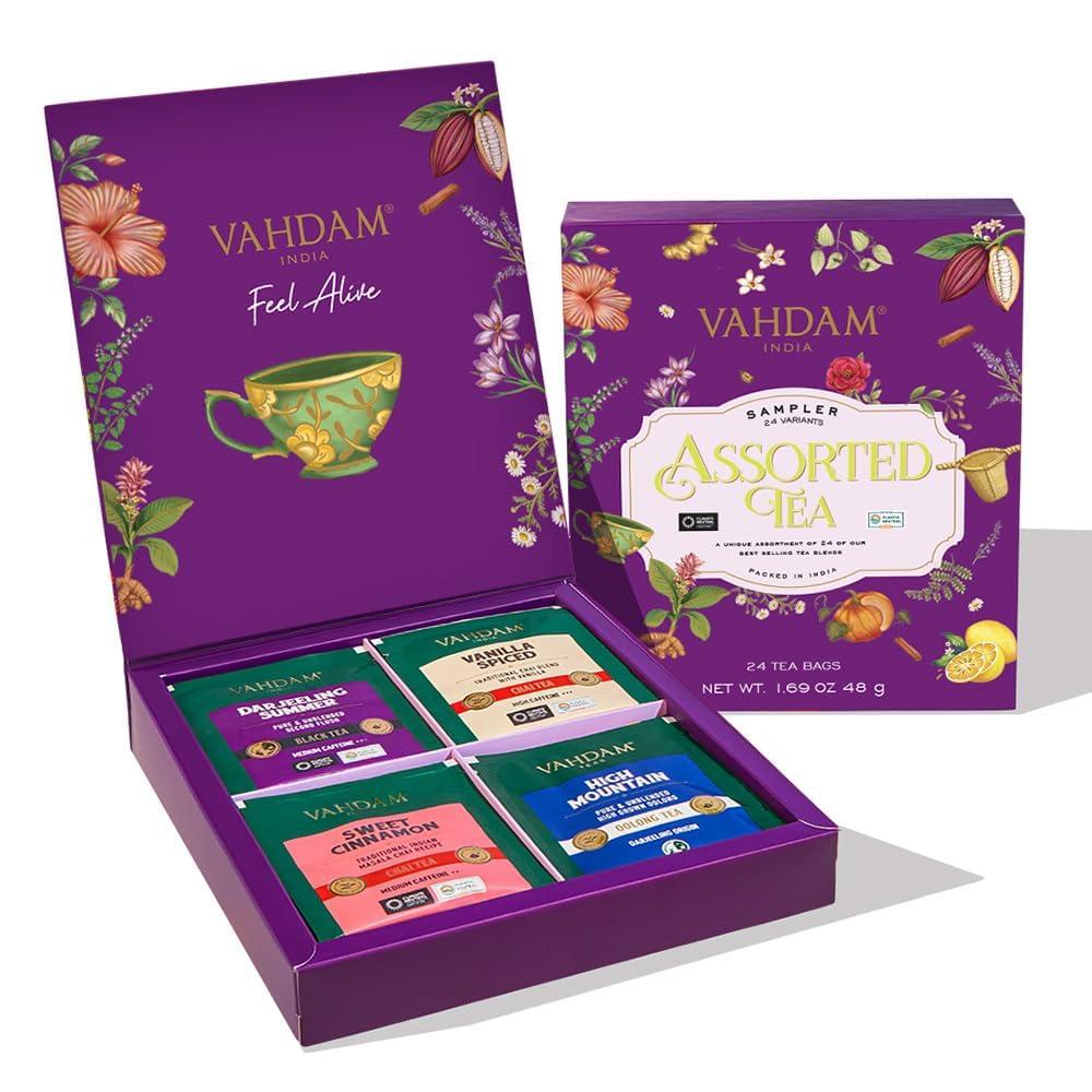 VAHDAM, Assorted Tea Gift Set | Classic Box - 24 Unique Flavor in Individually Wrapped Pyramid Tea Bags | Ideas for Tea Lovers | Gifts for Women & Men