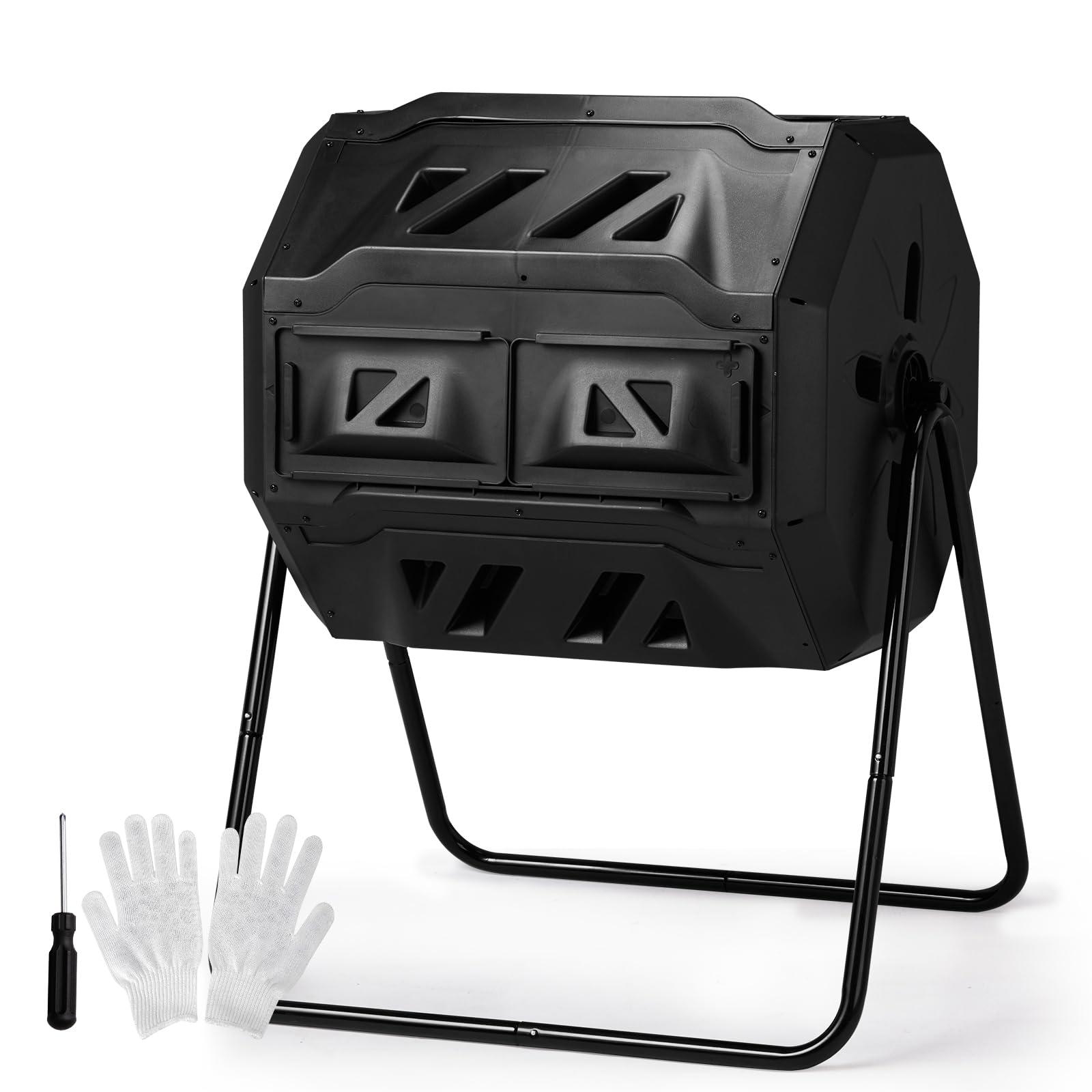 Outvita Compost Bin Outdoor, 43 Gallon Dual Chamber Tumbling or Rotating Composting Bin with Sliding Doors, Tumbler Rotating Batch Composter Bin for Garden Kitchen Yard