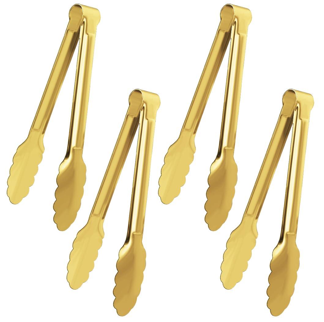 XEVOM Gold Buffet Tongs - 4 Pack, 9 Inch, Stainless Steel Gold Plated Serving Tongs