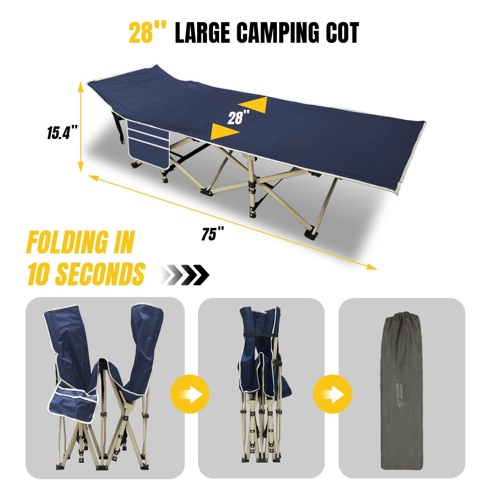 YELLOW JACKET Folding Camping Cot for Adults,600LBS Max Load,28" Wide Sleeping Cot with Removable Thick Mattress Portable Foldable Camping Bed with Carry Bag for Camp,Home,Office,Travel,Blue - Image 2