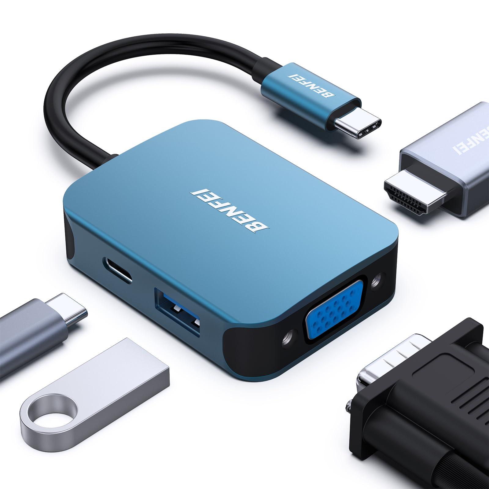 BENFEI USB C HUB 4-in-1, USB Type-C to HDMI VGA Adapter, USB C to USB Adapter, USB Type-C Power Delivery, Compatible with iPhone 15 Pro/Max, MacBook Pro/Air 2023, iPad Pro, iMac, S23, XPS 17