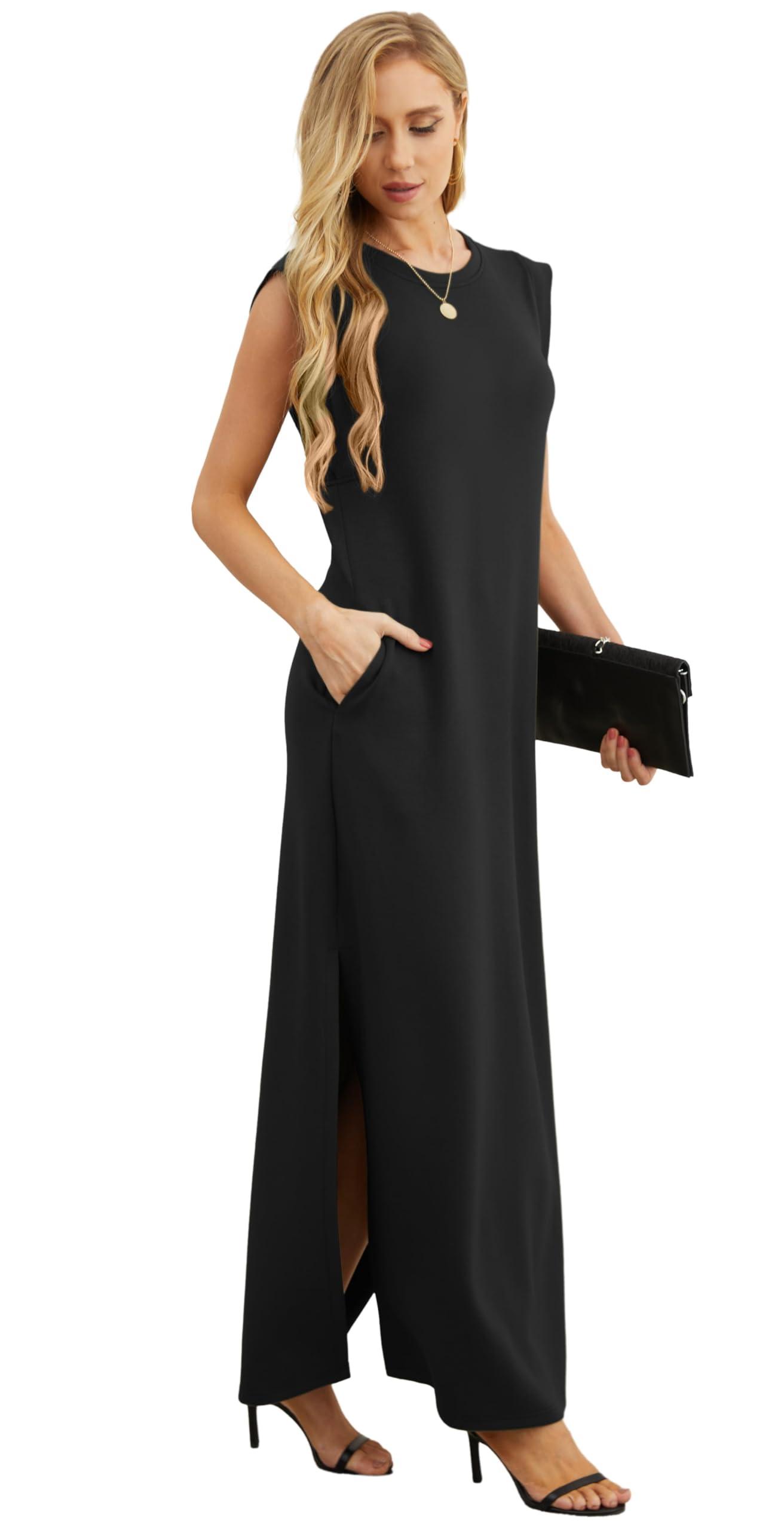 GRECERELLE 2025 Women Year-Round Casual Round Neck Loose Split Wrinkle-Free Long Maxi Vacation Dress with Pockets (XS-3XL) - Image 4