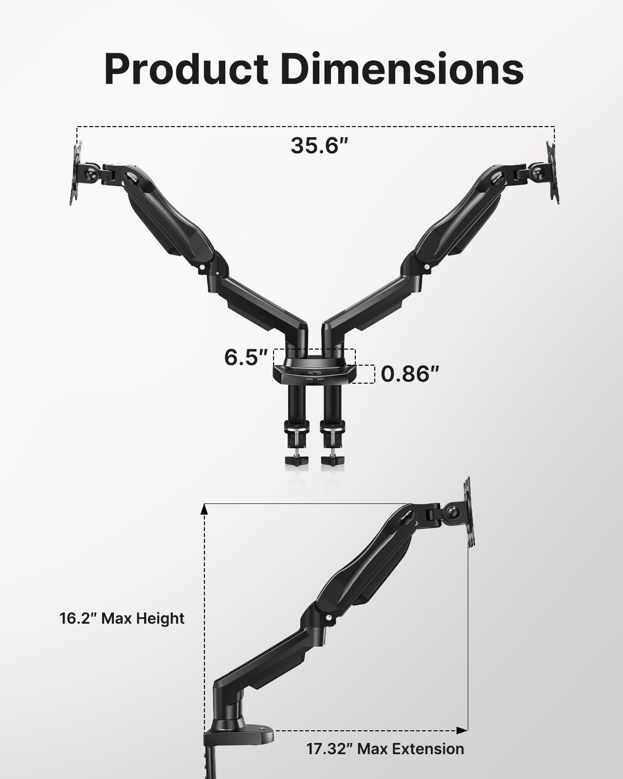 HUANUO Dual Monitor Stand - Full Adjustable Monitor Desk Mount Swivel Vesa Bracket with C Clamp, Grommet Mounting Base for 13 to 32 Inch Computer Screens - Each Arm Holds 4.4 to 19.8lbs - Image 5