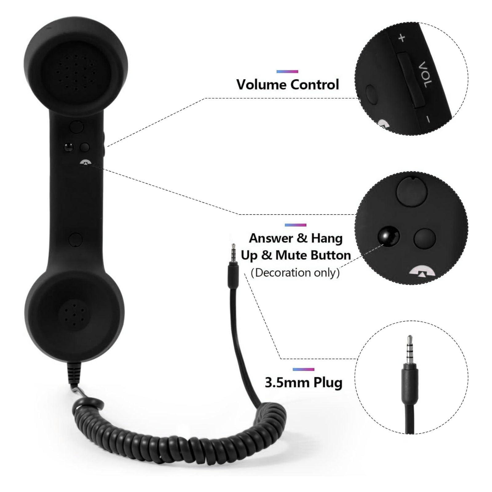 Retro 3.5mm Telephone Handset, Radiation Proof Cell Phone Receiver Mic Microphone Speaker, Vintage Phone Handset for Cellphone Smartphone,with USB C (Black) - Image 2