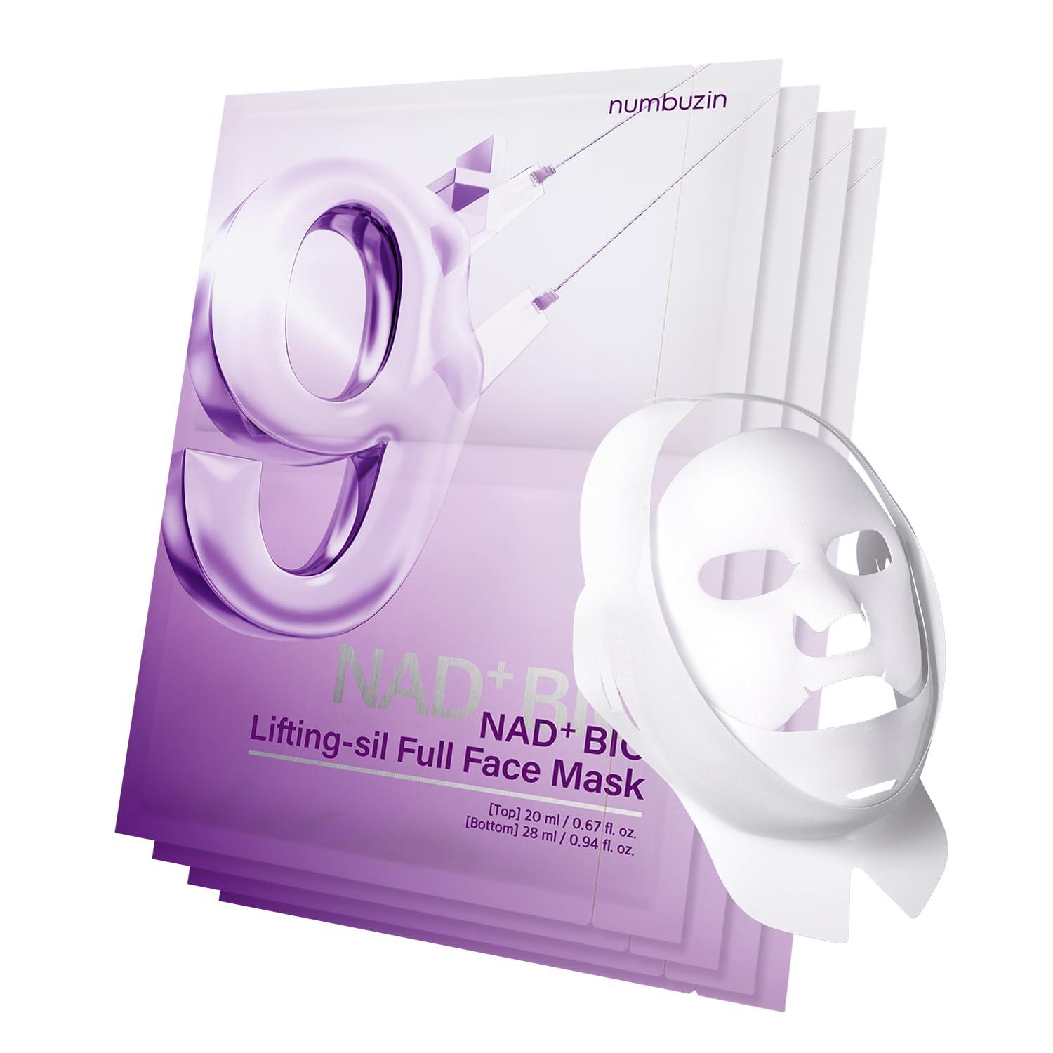 numbuzin No.9 Sheet Mask | NAD+ BIO Lifting-sil Full Face Mask | Improves Jawline, Jowls, Wrinkles, Neck Lines | Peptides, NAD+, Collagen | Skin Firmness | 4 Sheets + Lifting Band - Image 1