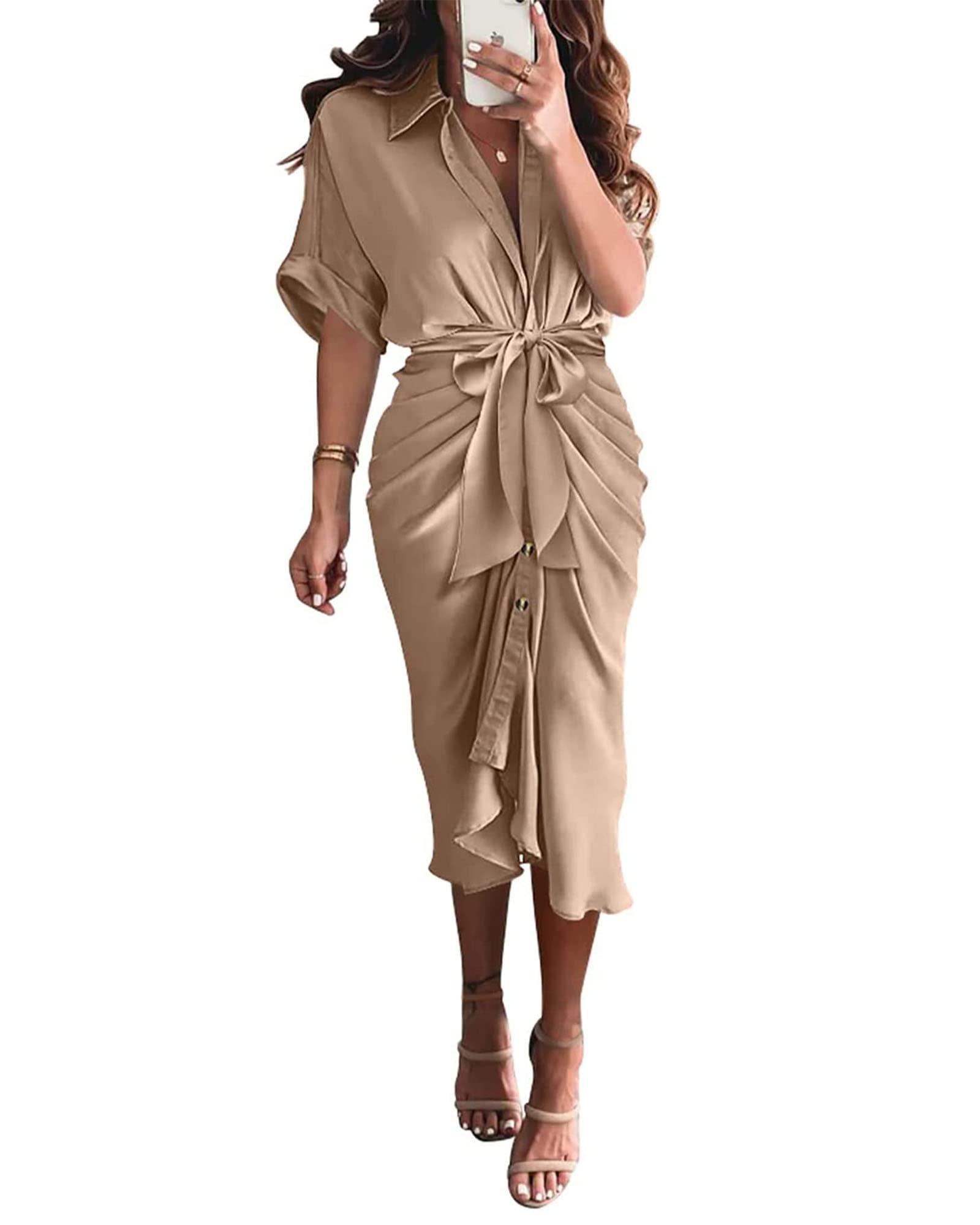 BTFBM 2025 Women Button Down Ruched Shirt Dresses Short Sleeve Lapel V Neck Elegant Party Spring Summer Maxi Satin Dress