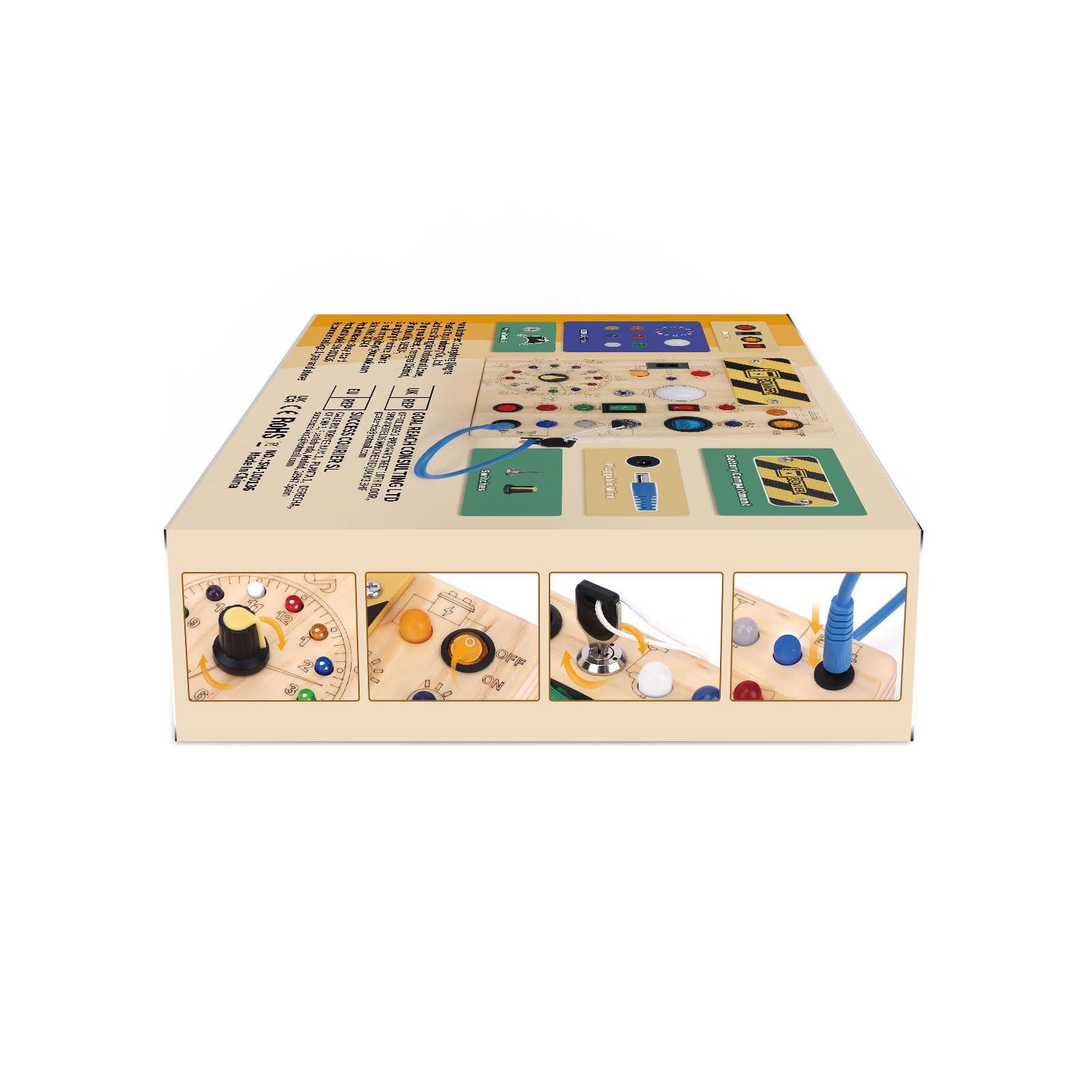 Iabedi Busy Board, Montessori Toy for 1-3 Years Old, Wooden Toddler Sensory Travel Toy, Ideal Gift for 1+ Year Old Boys (Busy Board Plus V2), Medium, Yellow - Image 12