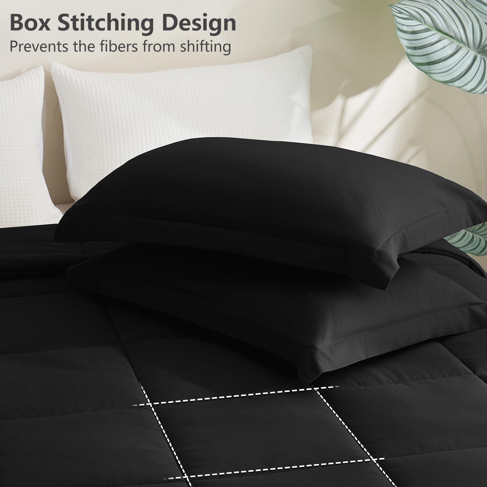CozyLux Queen Comforter Set Black - 3 Pieces Box Stitched Comforters Queen Size, Soft Bed Set for All Seasons, Lightweight Bedding Sets with 1 Down Alternative Comforter and 2 Pillow Shams - Image 4