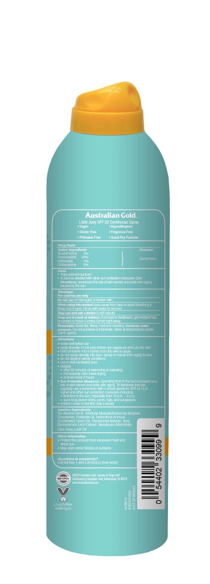 Australian Gold Australian gold little joey continuous spray, spf 50 broad spectrum water resistant for up to 80 minutes pediatrician tested hypoallergenic fragrance free, 6 Ounce, A70915 - Image 2