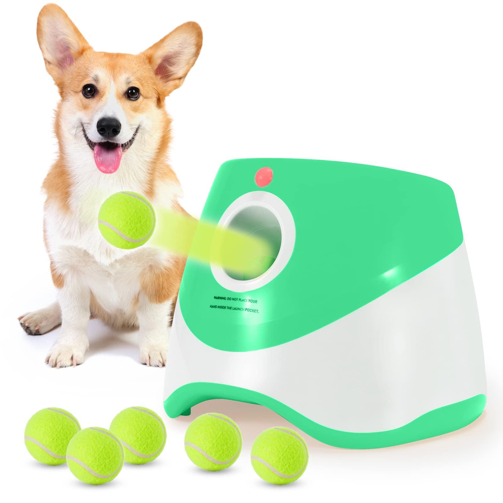 SOCO Dog Ball Launcher Automatic,10-30 FT Distance, USB Rechargeable Ball Thrower, LED Indicator Dog Toy, Included 6 Mini Tennis Balls (2") for Small Dogs