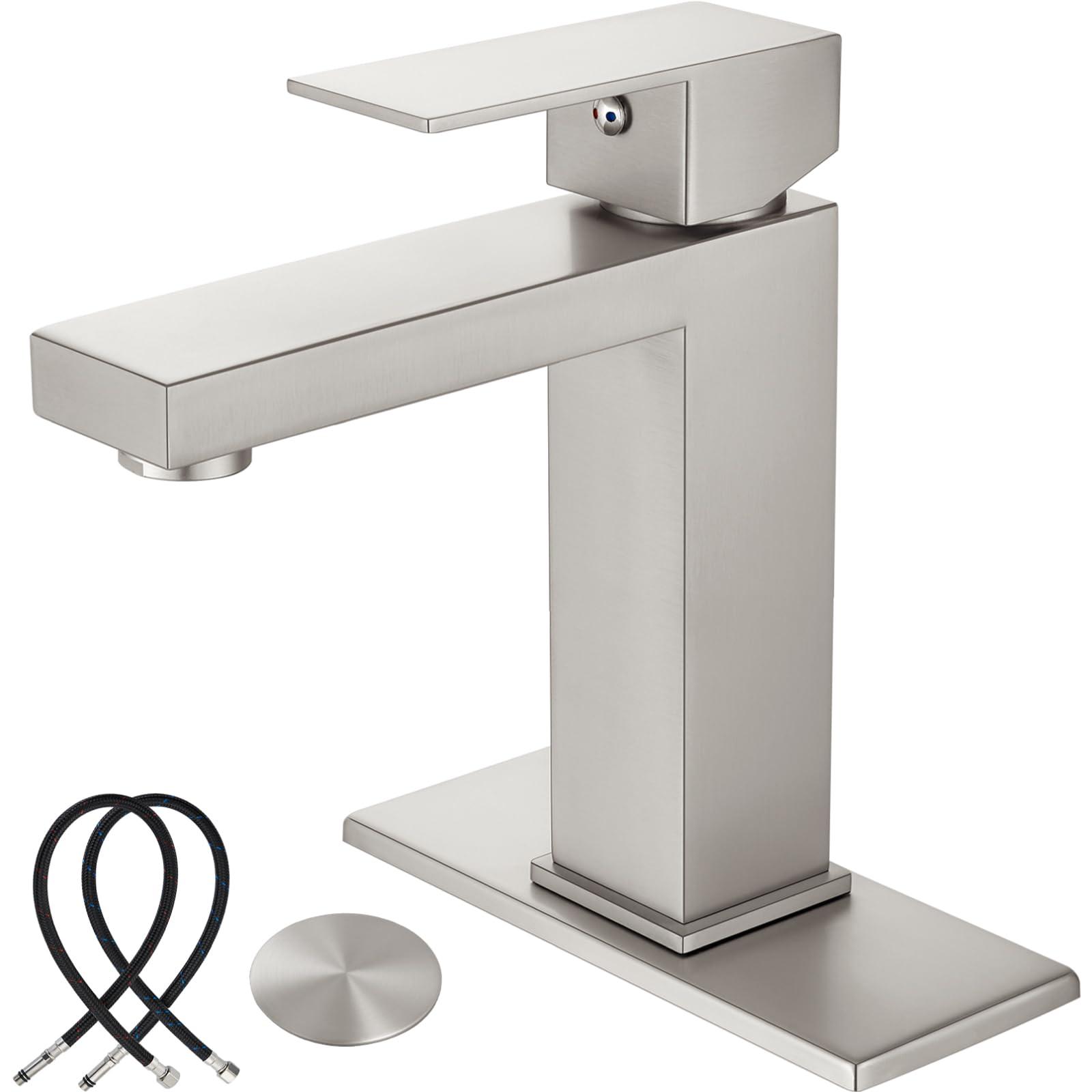 Midanya Bathroom Sink Faucet 1 Hole Single Handle Deck Mount Lavatory Bathroom Faucet Include Cover Plate Stainless Steel Commercial,with Pop Up Drain,Brushed Nickel