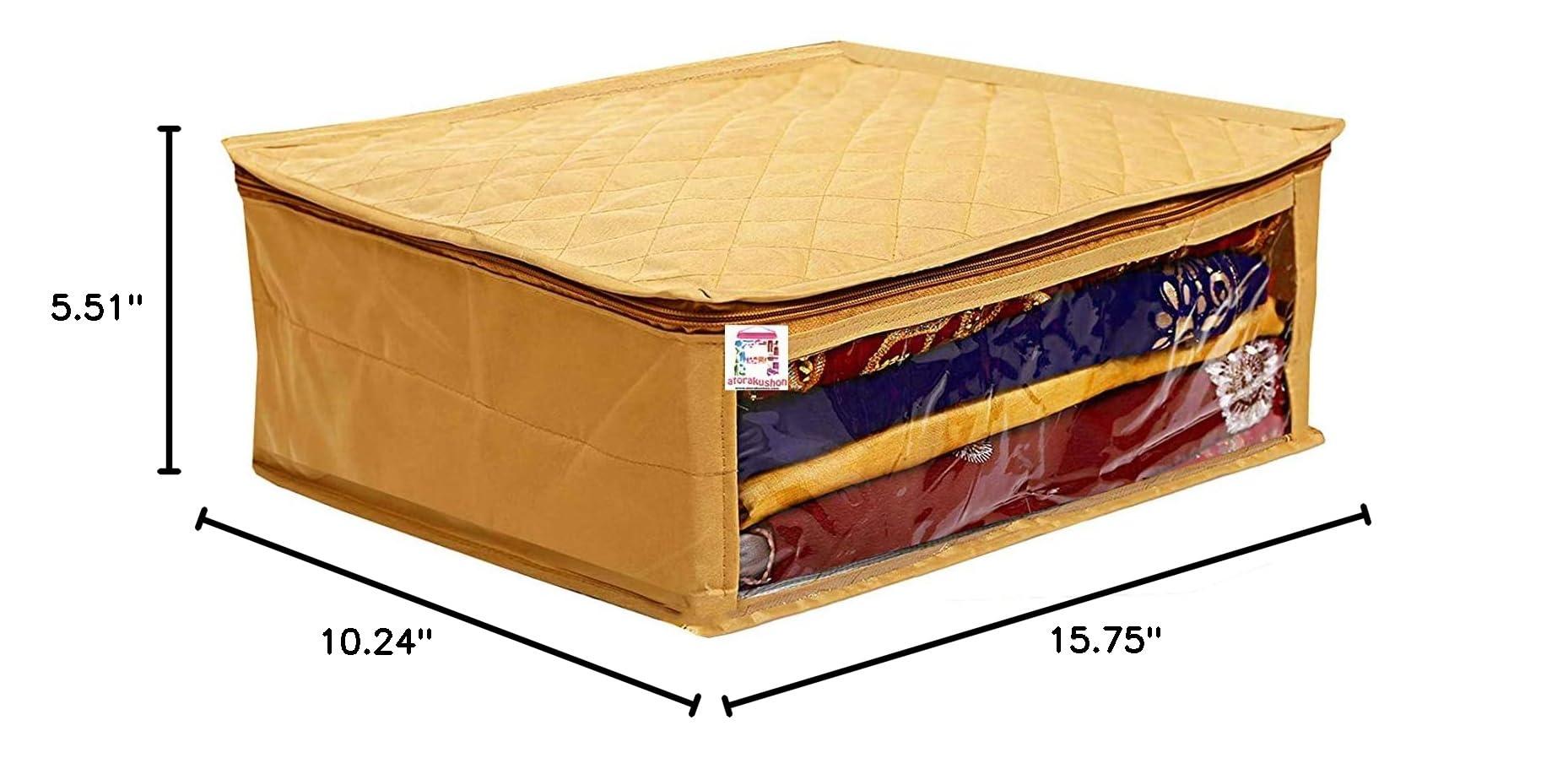 atorakushon Fabric Satin Saree and Blouse Covers Garments Clothes Storage Bag Wardrobe Organizers With Double Zip Lock & Transparent Window Set of 8 (Gold) - Image 2
