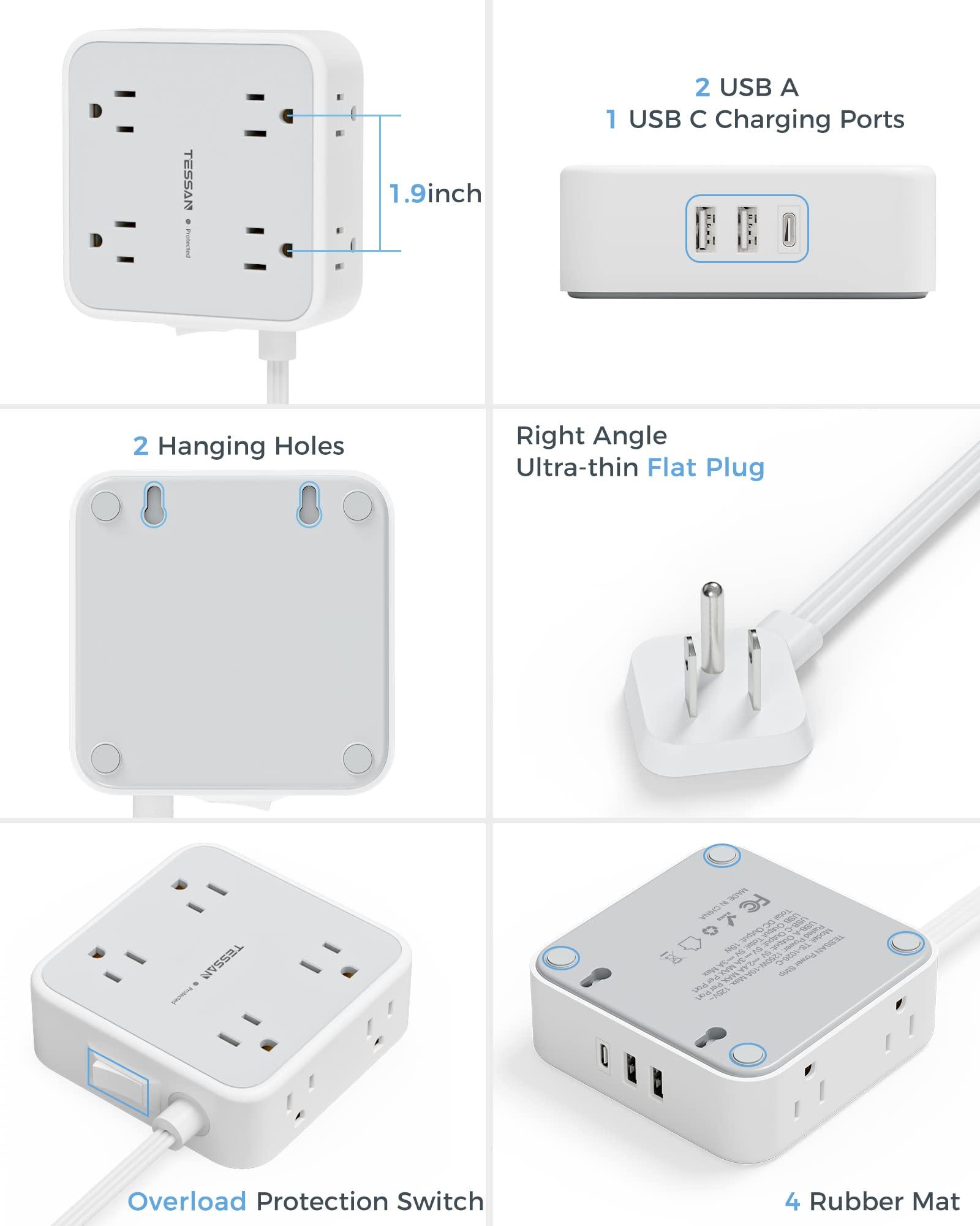 Surge Protector Flat Extension Cord Flat Plug Power Strip, 8 AC Outlets, 3 USB Charger(1 USB C Port) 3-Sided Outlet Extender, 5 Ft, 900 Joules Protection, Office Supplies, Dorm Room Essentials, Grey - Image 7