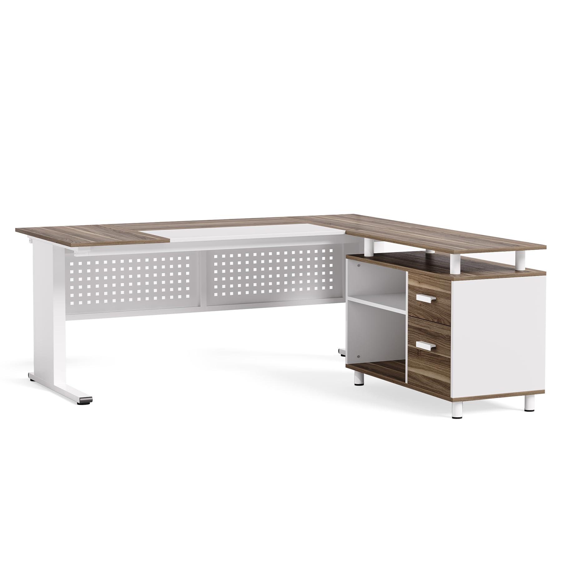 LITTLE TREE Large Computer Desk with File Cabinet, 63 Inch Executive Desk L Shaped Office Desk with Drawers and Storage Shelves, Business Furniture Desk Workstation for Home Office
