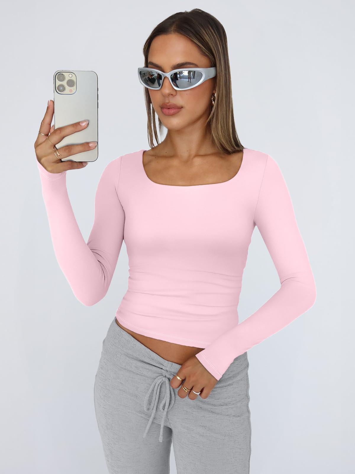 Trendy Queen Womens Long Sleeve Shirts Crop Tops Fall Fashion 2025 Square Neck Going Out Basics Tees Y2k Clothes - Image 2