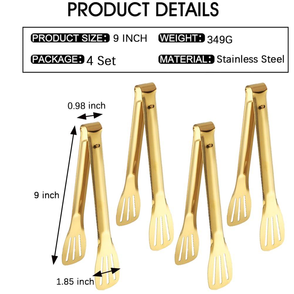 IAXSEE 4 PCS Serving Tongs Gold Tongs 9 Inch Serving Utensils Stainless Steel Serving Tongs for Salad Buffet Appetizer Dessert Tong for Food Parties (9 Inch, 4 GOLD) - Image 3