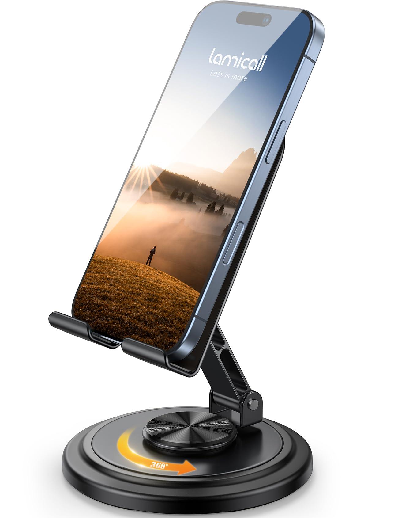 Lamicall Cell Phone Stand for Desk - [360° Rotation] Adjustable Desktop Phone Holder, Foldable Mobile Stand, Office Desk Accessories for iPhone 16 15 14 13 Pro Max, Galaxy S25 S24, 4-10” Smartphones