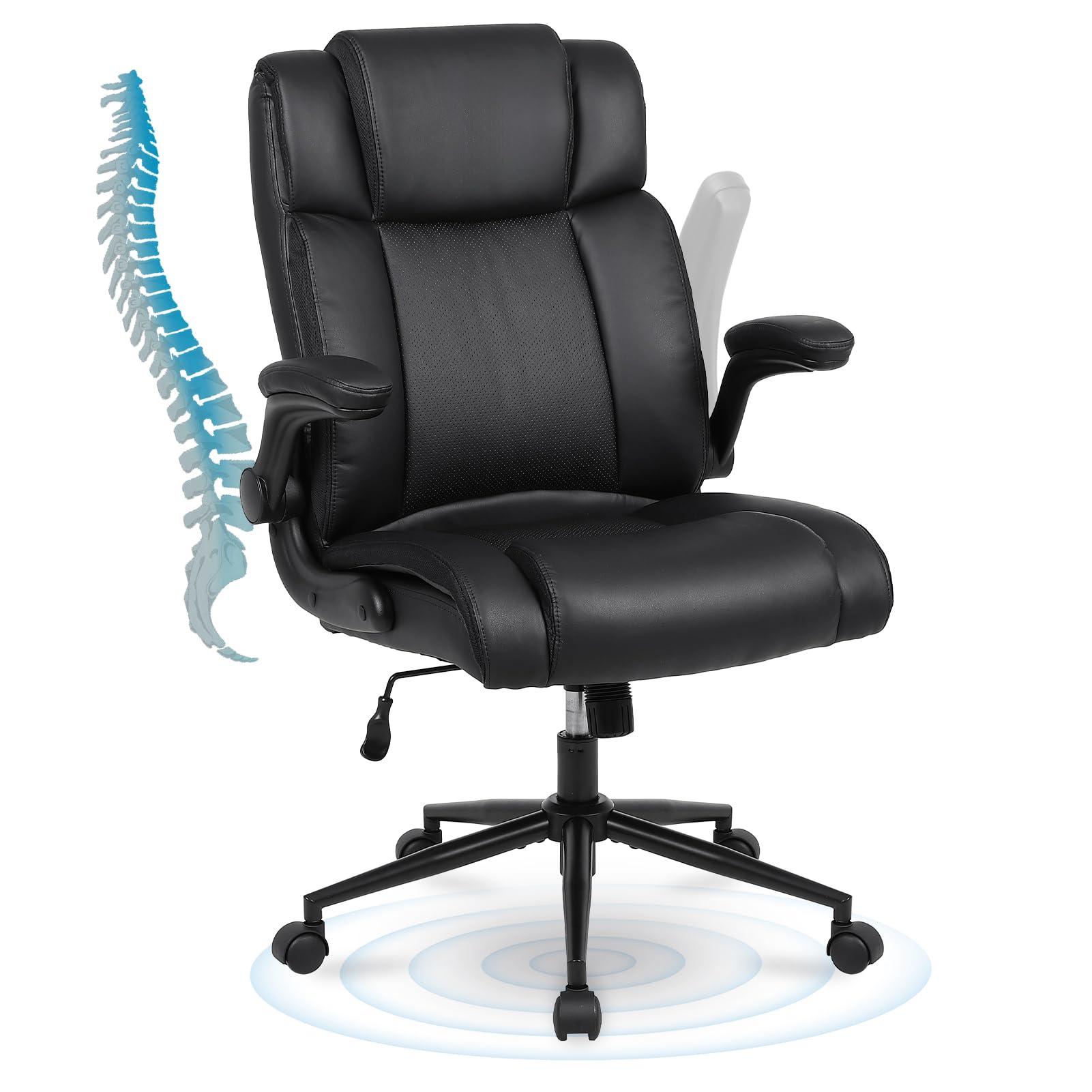 Ermnois Executive Office Chair with Thicken Flip-up Armrest, Ergonomic Home Office Desk Chair with Lumbar Support, Upholstered Leather Mid-Back Computer Gaming Chair for Home/Office, Black