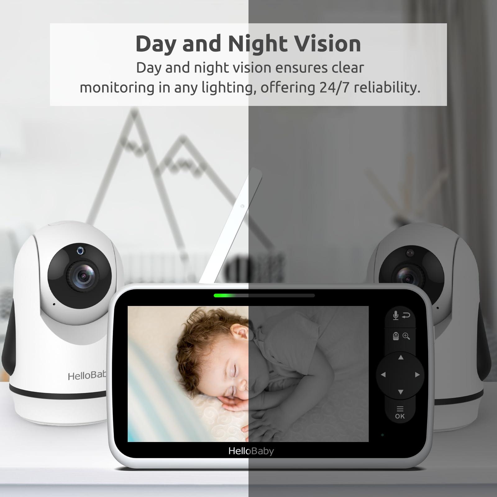 HelloBaby Video Baby Monitor with Upgraded 6” IPS Large Screen, Split Screen with 2 Cameras, Night Vision and Temprature Monitoring, Remote Pan-Tilt-Zoom Camera, No-WiFi - Image 6