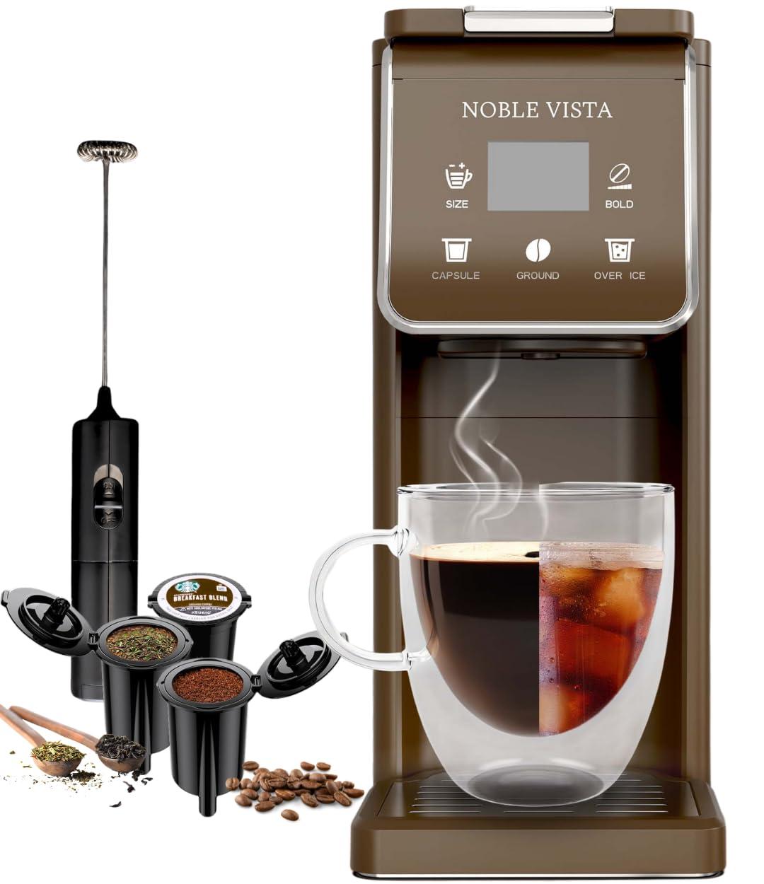 NOBLE VISTA Hot And Iced Coffee Maker, Milk Frother, K Cup Single Serve Coffee Maker, Ground Coffee, Iced Tea, 6-14 OZ Brew, 52 OZ Water Tank